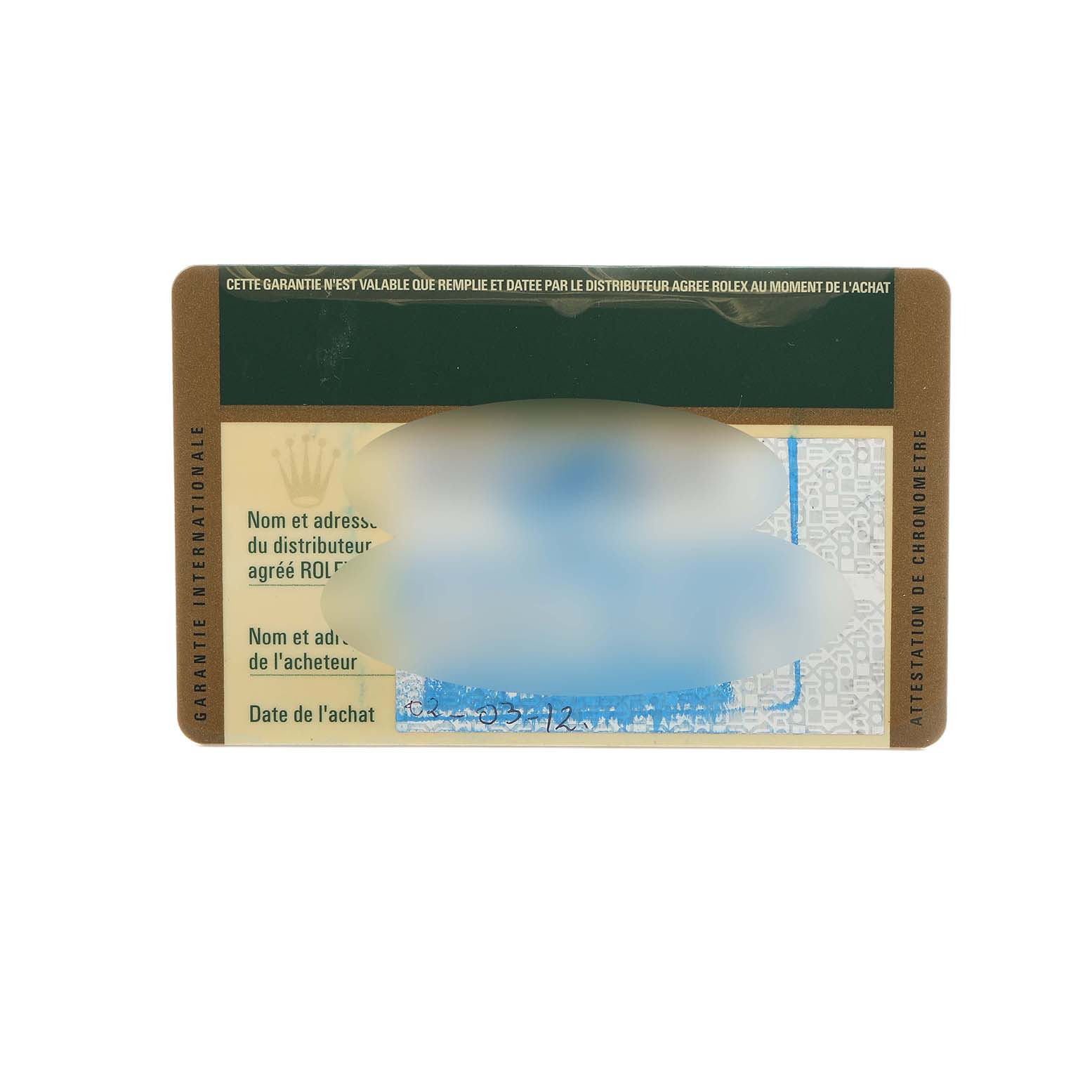 The image shows a warranty card for a Rolex Datejust 41 116333 Men
s Steel and Gold (two tone) White Dial, viewed from the front.