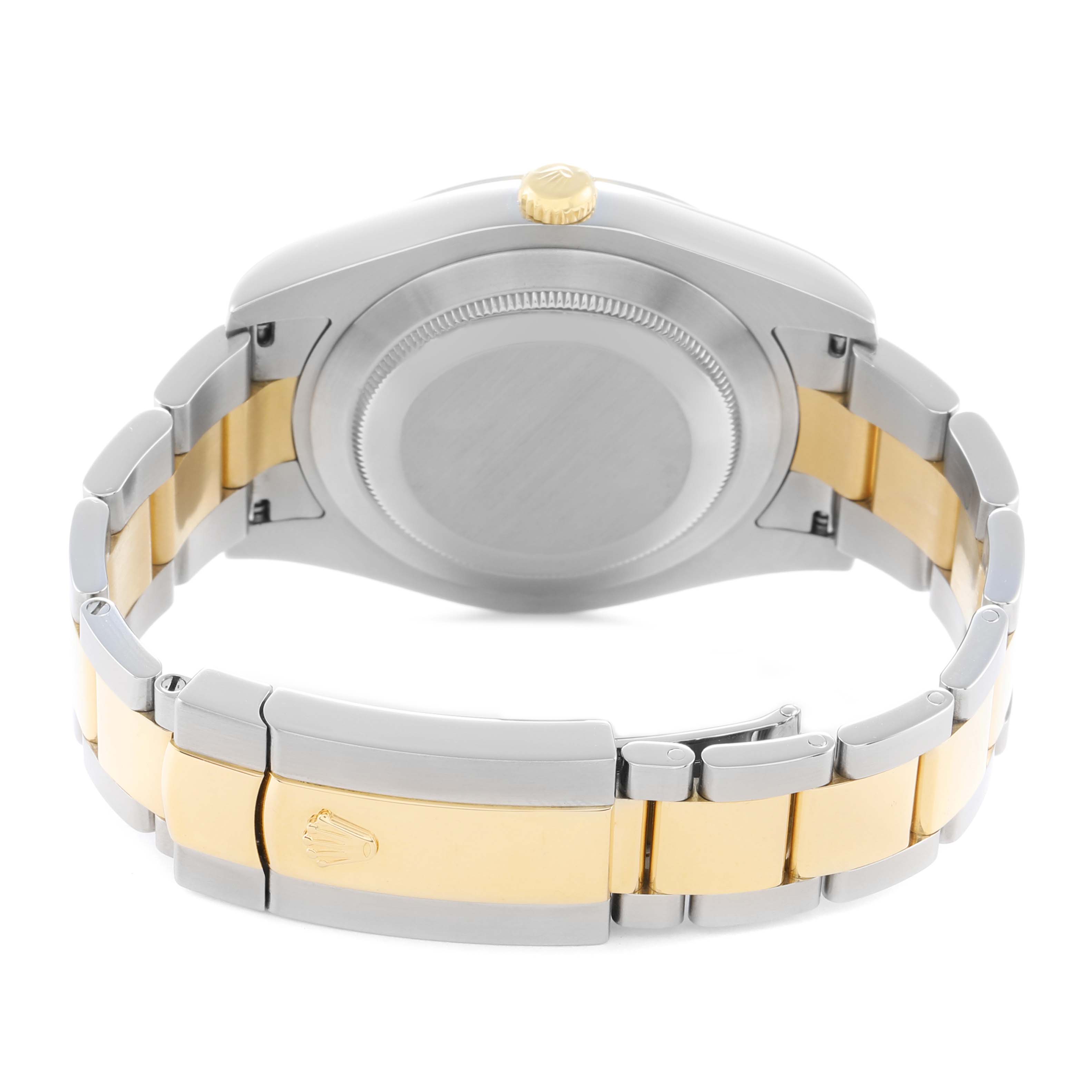 The image shows the back and bracelet of a Rolex Datejust 41 116333 Men
s Steel and Gold (two tone) White Dial, featuring a two-tone band and the back of the watch case.