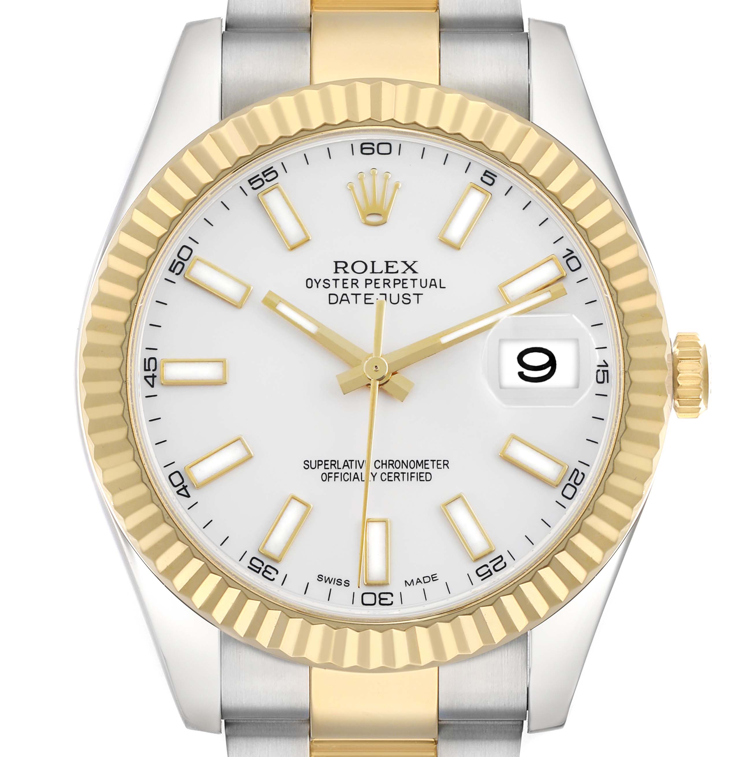 The Rolex Datejust 41 116333 Men
s Steel and Gold (two tone) White Dial is shown from a front angle, highlighting its dial, fluted bezel, and two-tone bracelet.