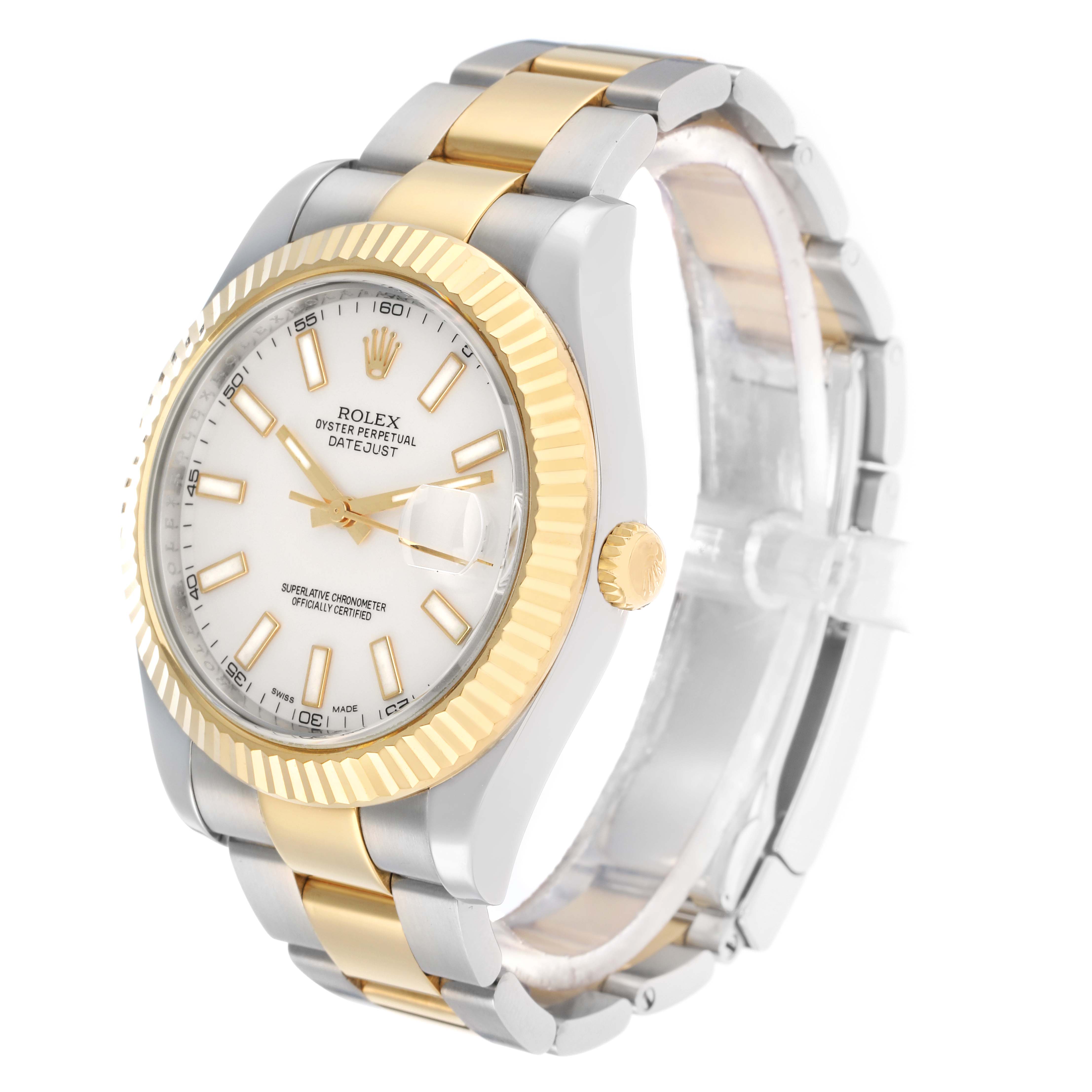 The Rolex Datejust 41 116333 Men
s Steel and Gold (two tone) White Dial is shown at an angled view, highlighting the fluted bezel, dial, crown, and two-tone bracelet.