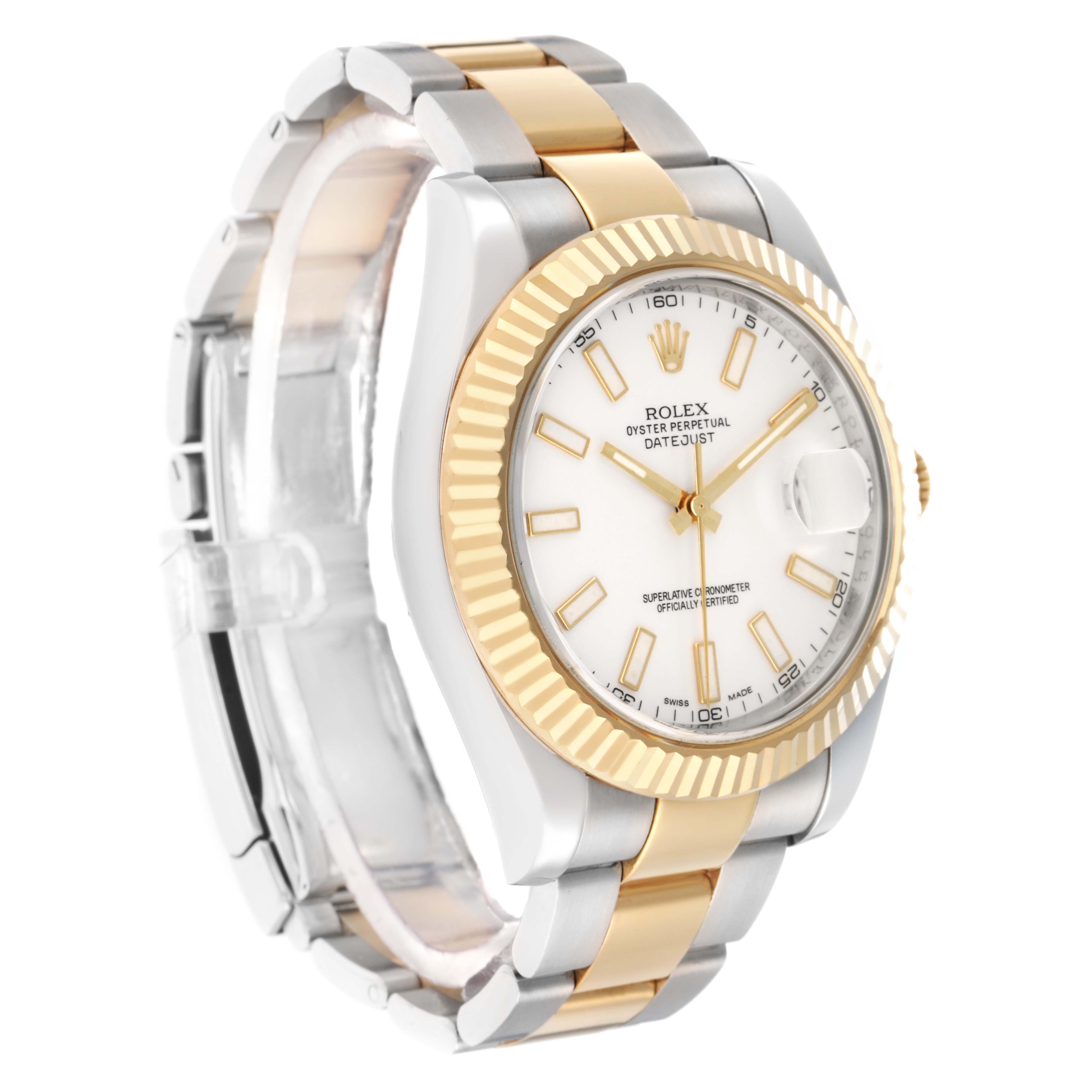 The Rolex Datejust 41 116333 Men
s Steel and Gold (two tone) White Dial watch is shown at a three-quarter angle, highlighting the face, bezel, and bracelet.