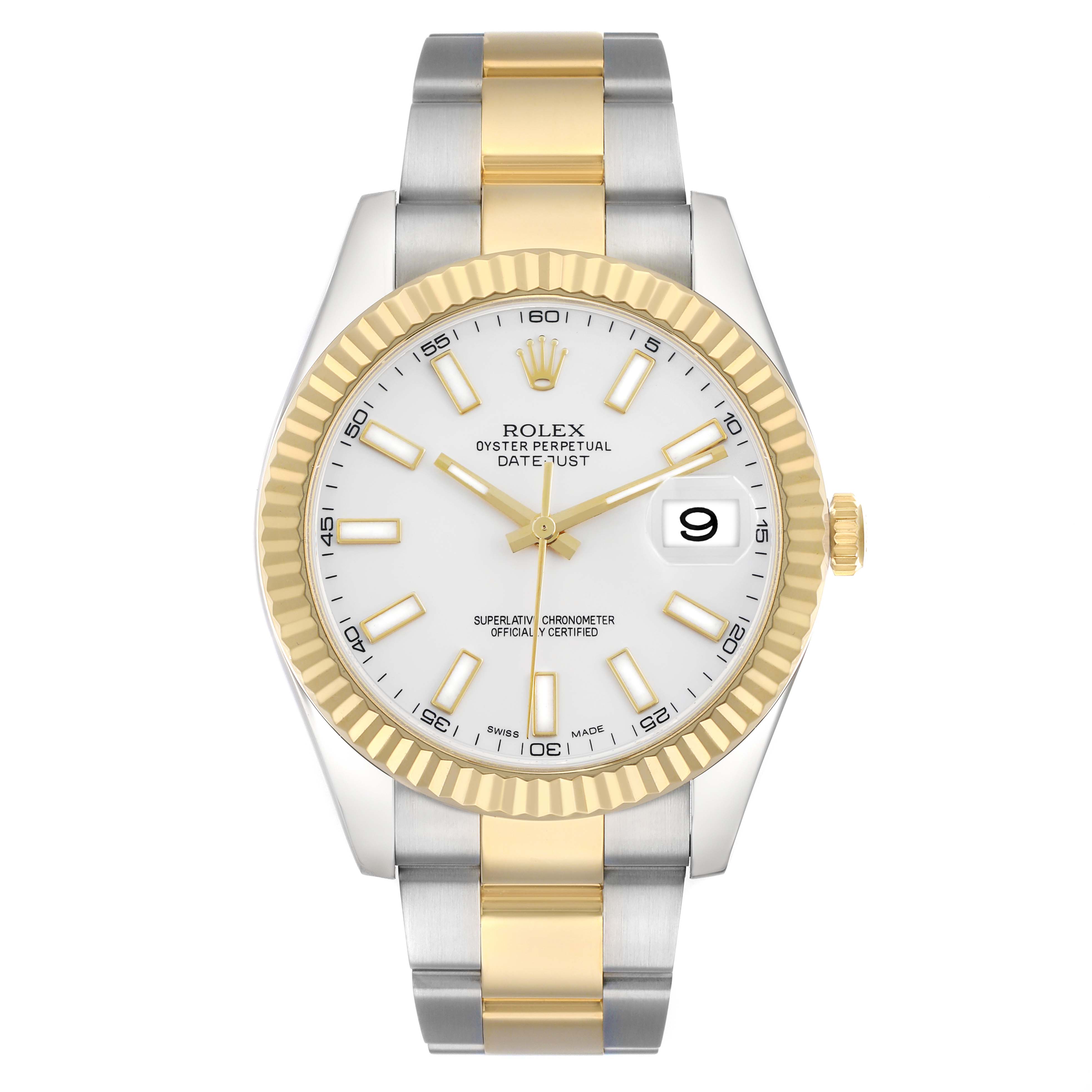 The Rolex Datejust 41 116333 Men
s Steel and Gold (two tone) White Dial is shown from a front angle, displaying the face, fluted bezel, and bracelet.