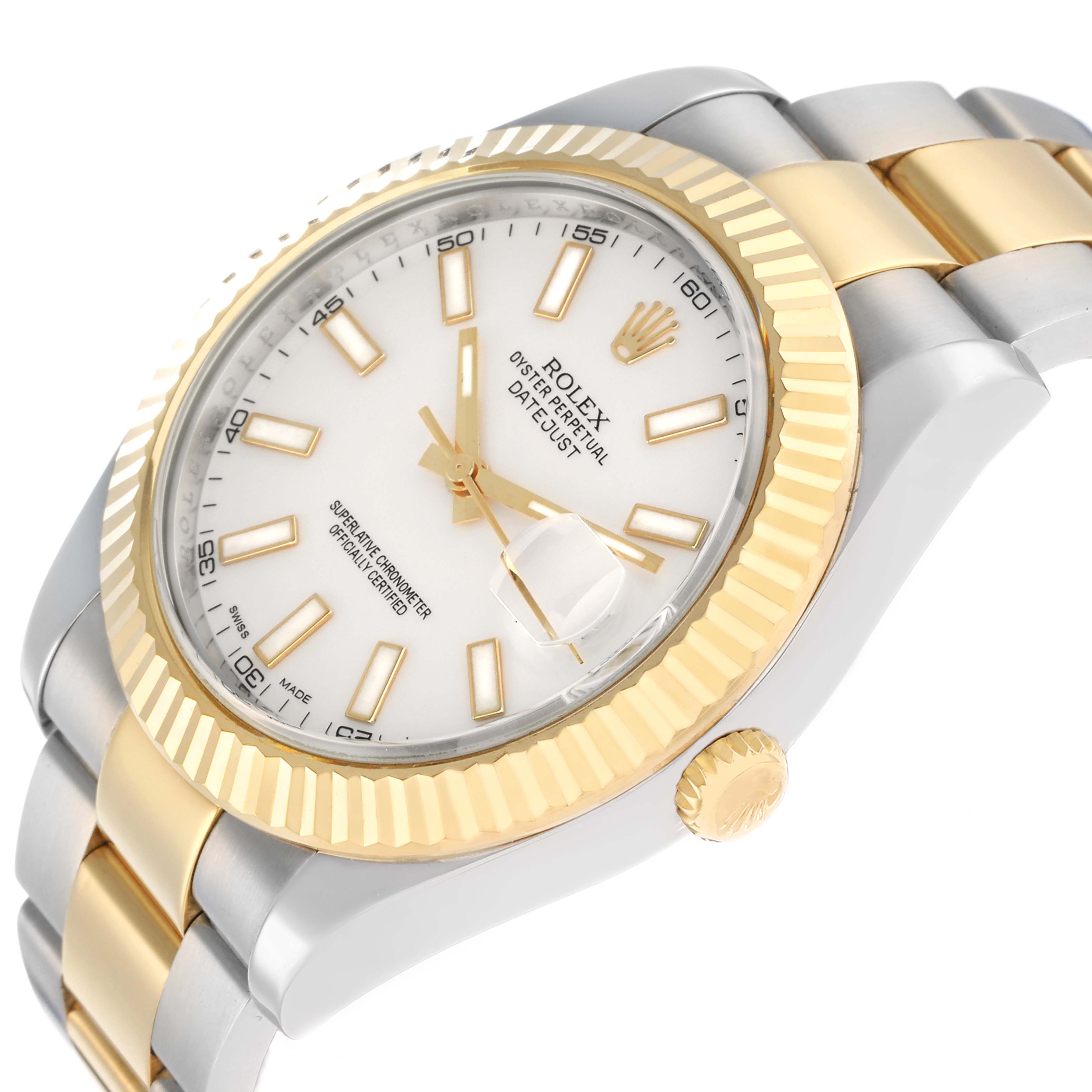 The Rolex Datejust 41 116333 Men
s Steel and Gold (two tone) White Dial is shown at an angle highlighting the gold bezel, crown, face, and part of the two-tone bracelet.