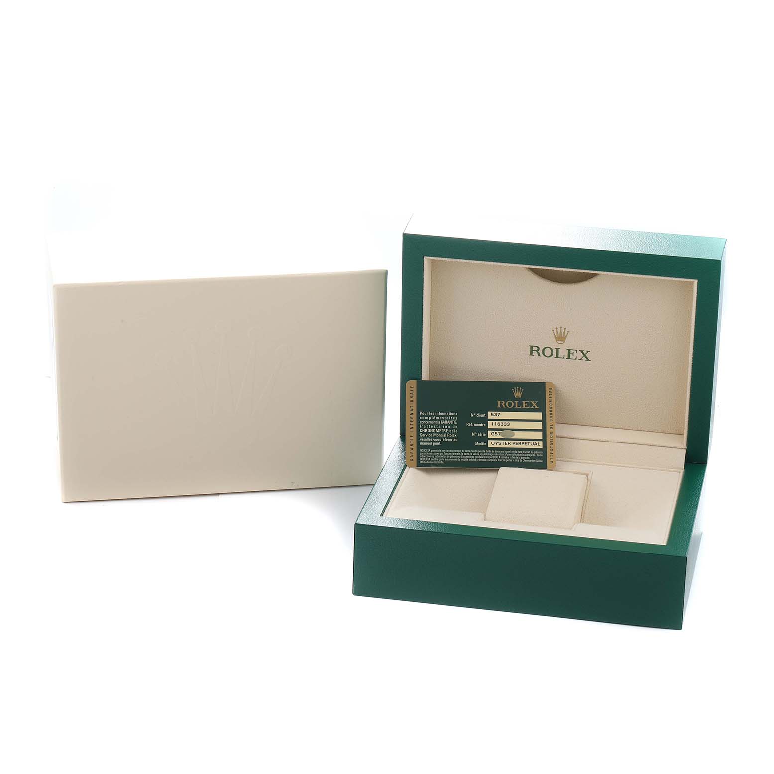 The image shows the open box and warranty card for a Rolex Datejust 41 116333 Men
s Steel and Gold (two tone) White Dial, viewed from a slightly elevated angle.