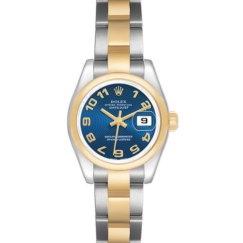 The Rolex Datejust 179163 Women's Steel and Gold (two tone) Blue Dial watch is shown from a top-down angle, displaying its blue dial, gold bezel, and two-tone bracelet.