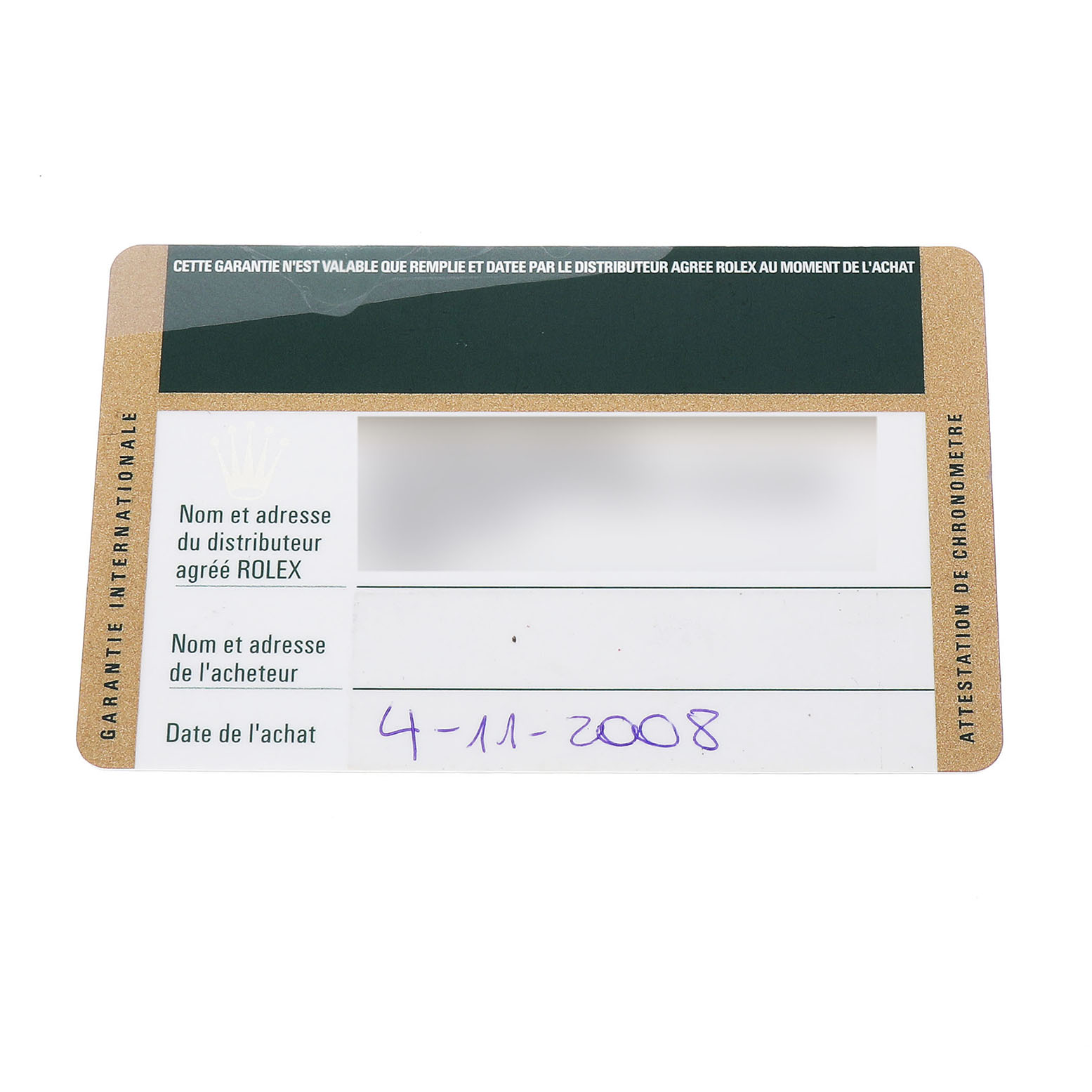 This is a warranty card for a Rolex Datejust 179163 Women's Steel and Gold (two tone) Blue Dial, showing purchase details and a blank section for distributor information.