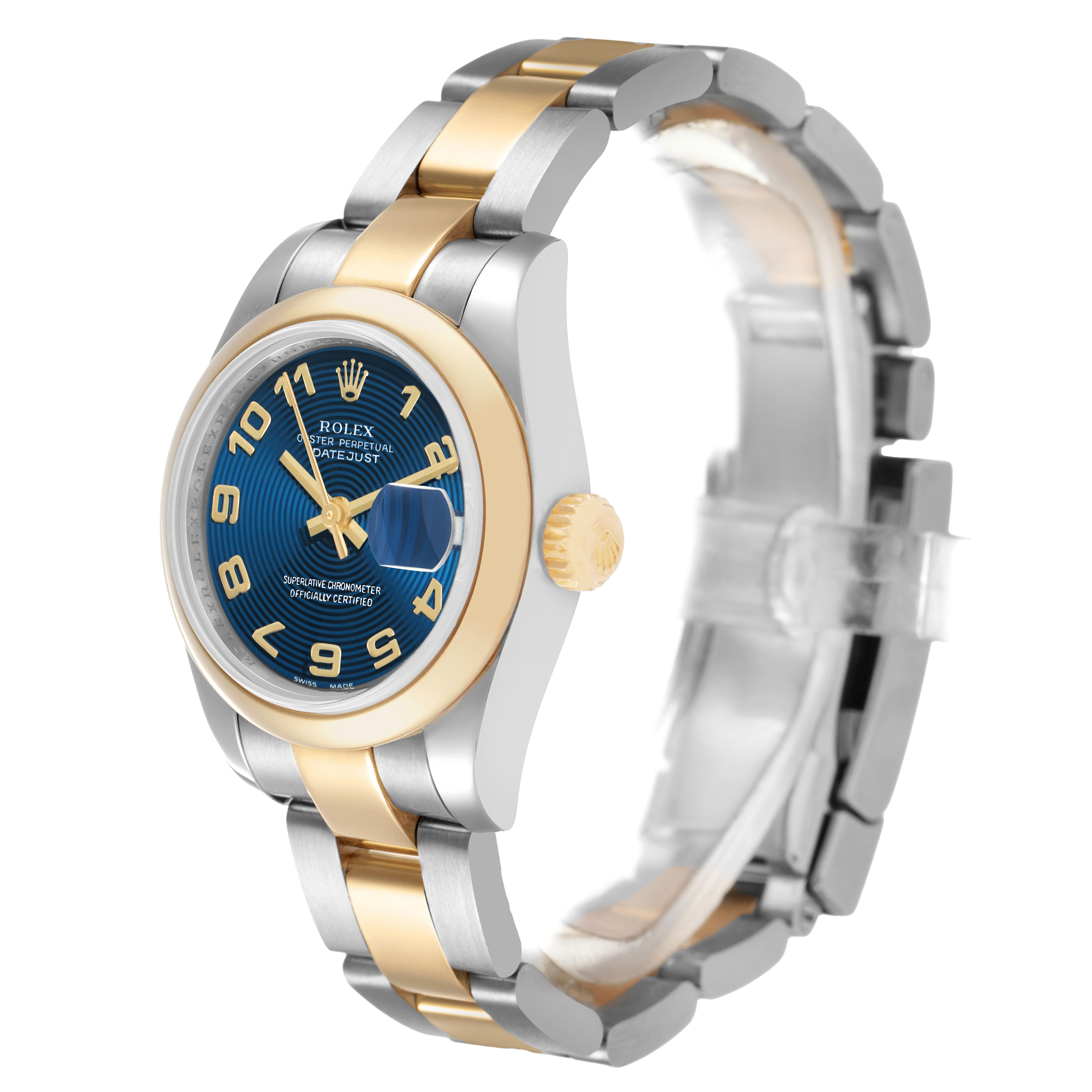 The Rolex Datejust 179163 Women's Steel and Gold (two tone) Blue Dial watch is shown at an angle highlighting its face, crown, and bracelet.
