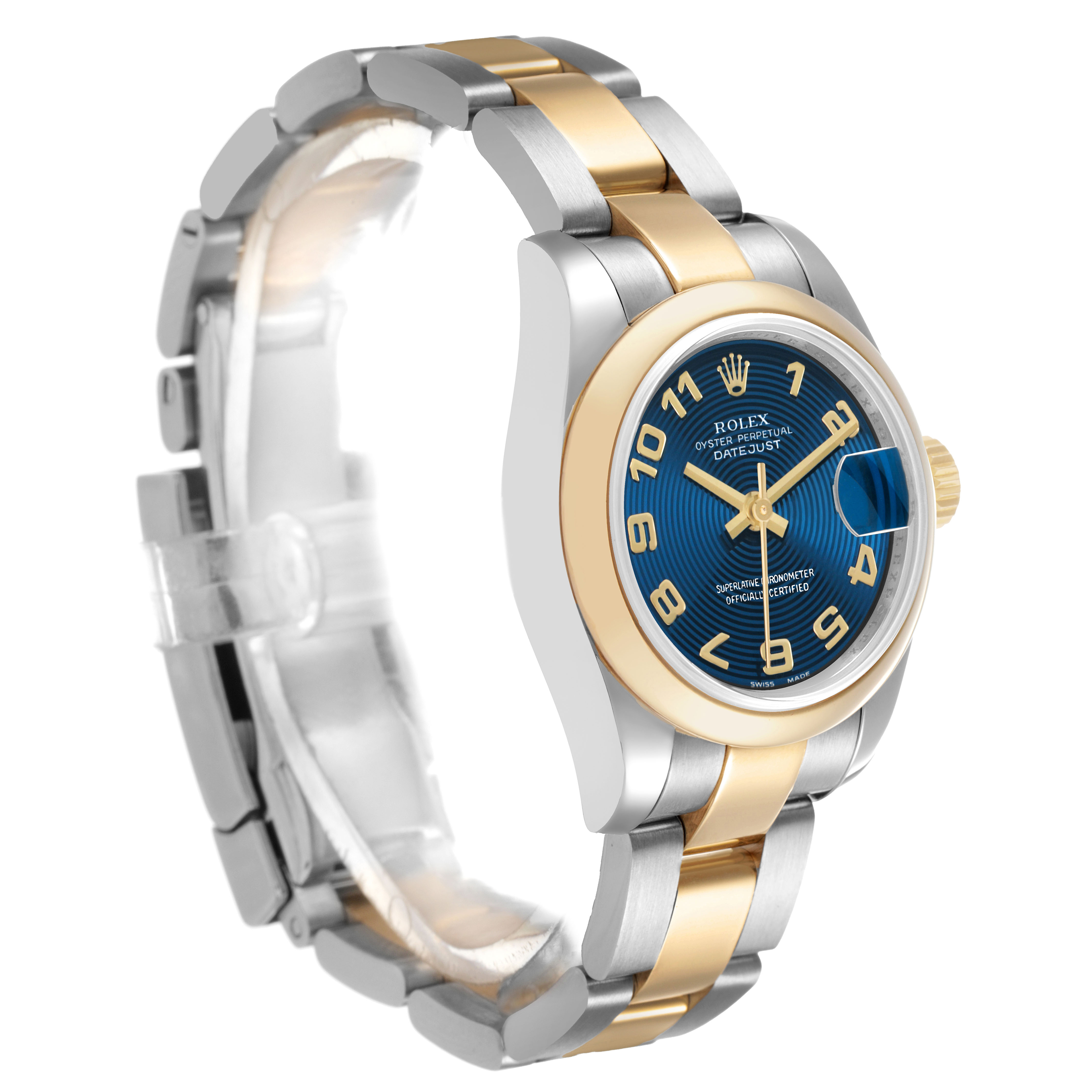 The Rolex Datejust 179163 Women's Steel and Gold (two tone) Blue Dial watch is shown from a slightly angled side view, highlighting the case, bracelet, and face.