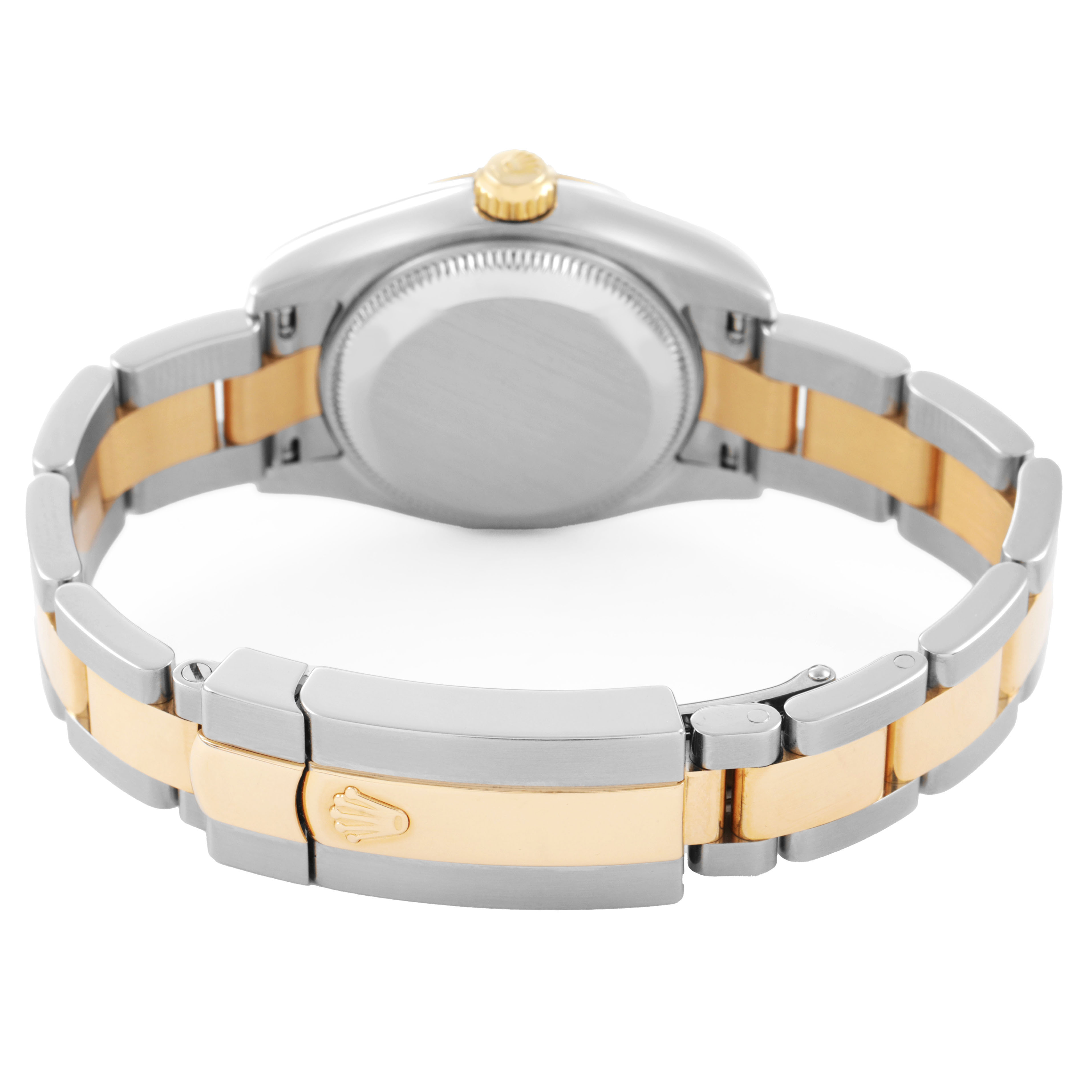 The Rolex Datejust 179163 Women's Steel and Gold (two tone) Blue Dial watch is shown from the back, displaying the clasp, bracelet, and case back.
