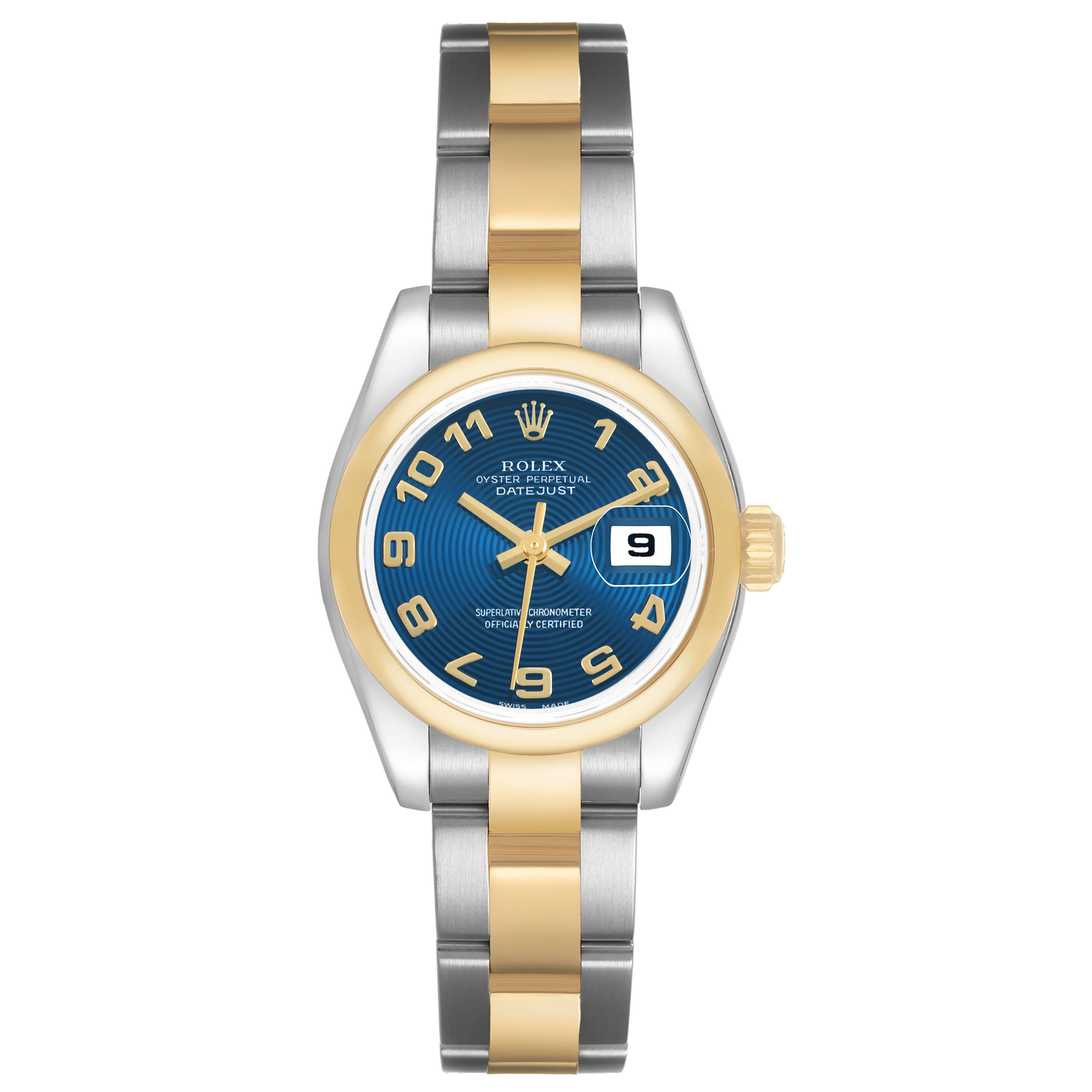 The image shows a front view of the Rolex Datejust 179163 Women's Steel and Gold (two tone) Blue Dial, highlighting the dial, bezel, and bracelet.
