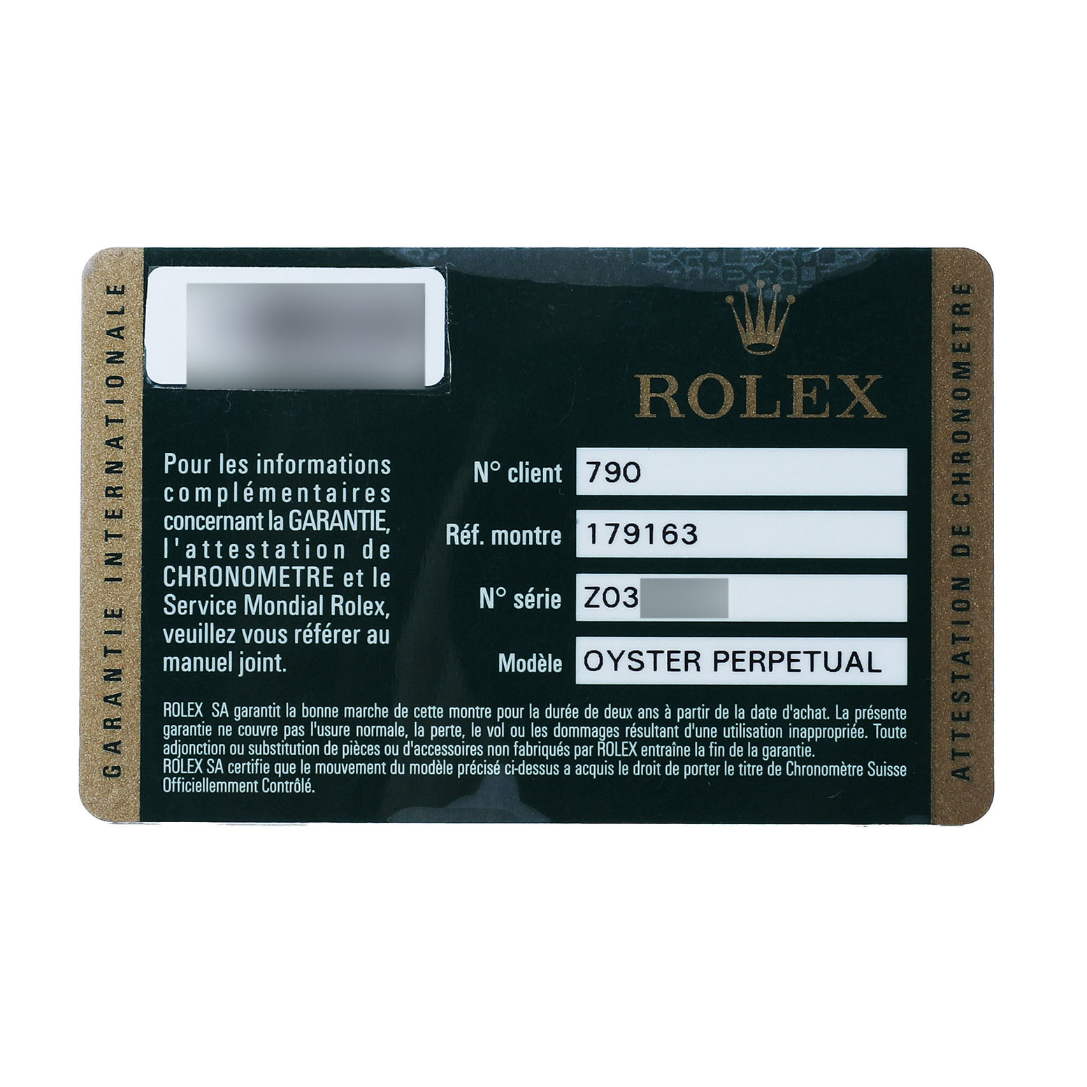 The image shows a warranty card for a Rolex Datejust 179163 Women's Steel and Gold (two tone) Blue Dial model, featuring model and reference numbers.
