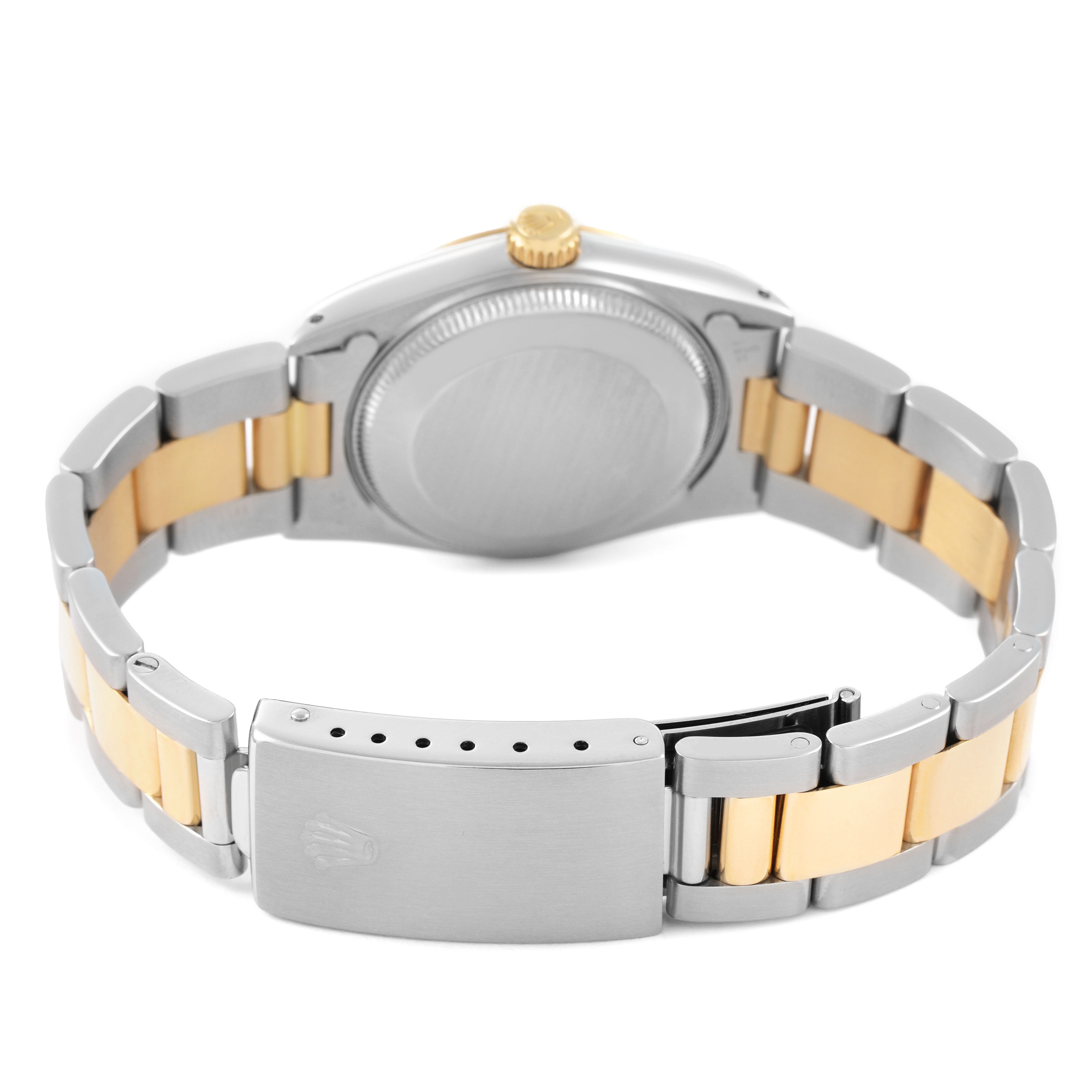 The image shows the back of a Rolex Datejust OFFICIALLY CERTIFIED CHRONOMETER AUTOMATIC SELF-WINDING MOVEMENT. Women's Steel and Gold (two tone) Champagne Dial, highlighting the bracelet and clasp.