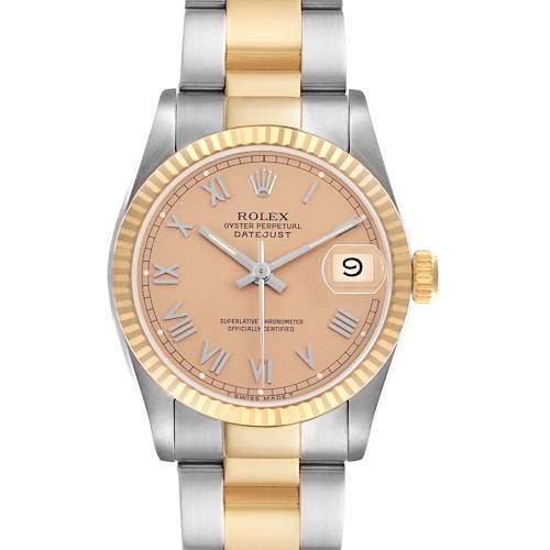 The Rolex Datejust 68273 Women's Steel and Gold (two tone) Champagne Dial watch is shown from the front, displaying the dial, fluted bezel, and bracelet.