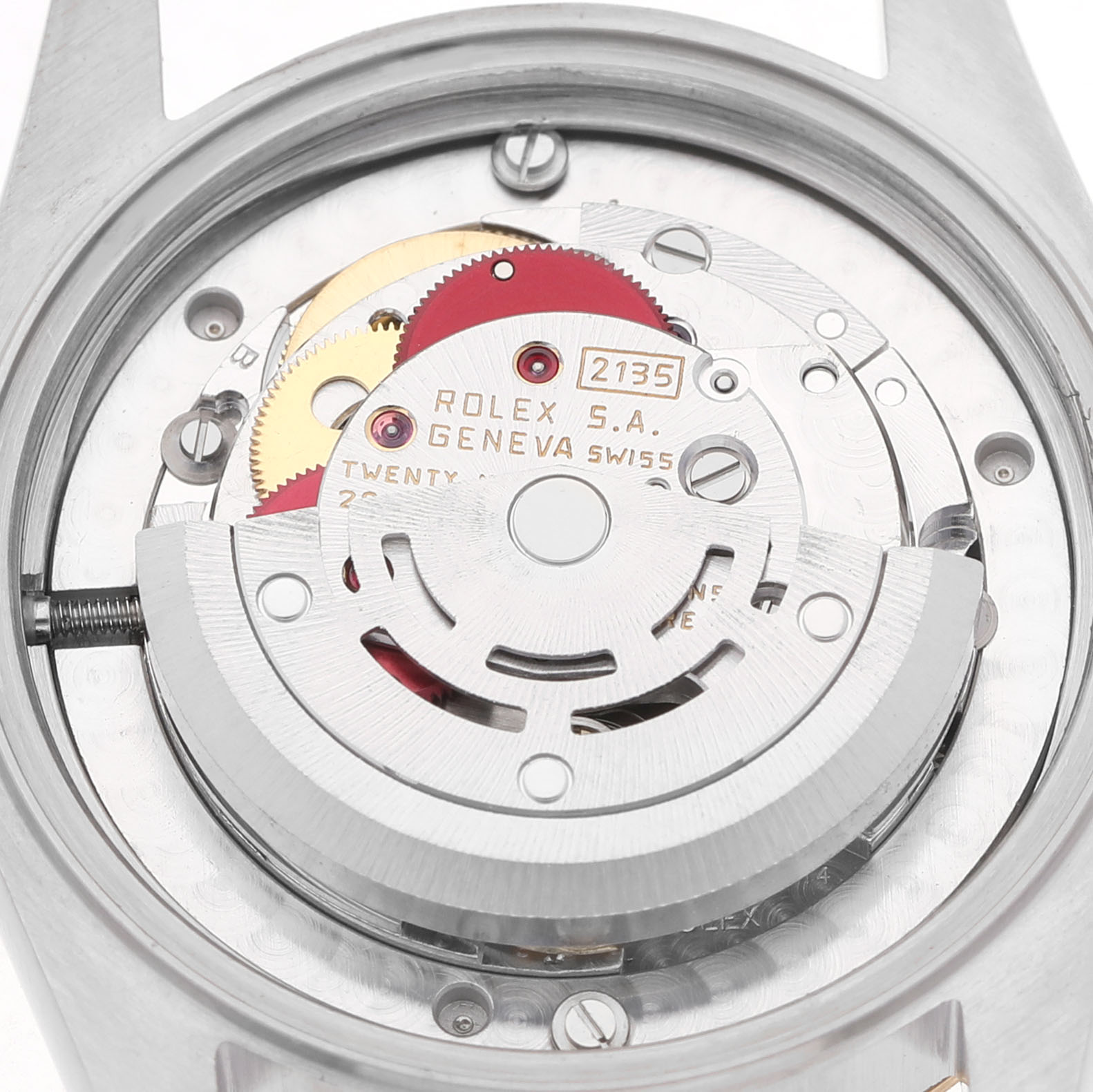 The image shows the movement mechanism of a Rolex Datejust OFFICIALLY CERTIFIED CHRONOMETER AUTOMATIC SELF-WINDING MOVEMENT. Women's Steel and Gold (two tone) Champagne Dial, viewed from the back.