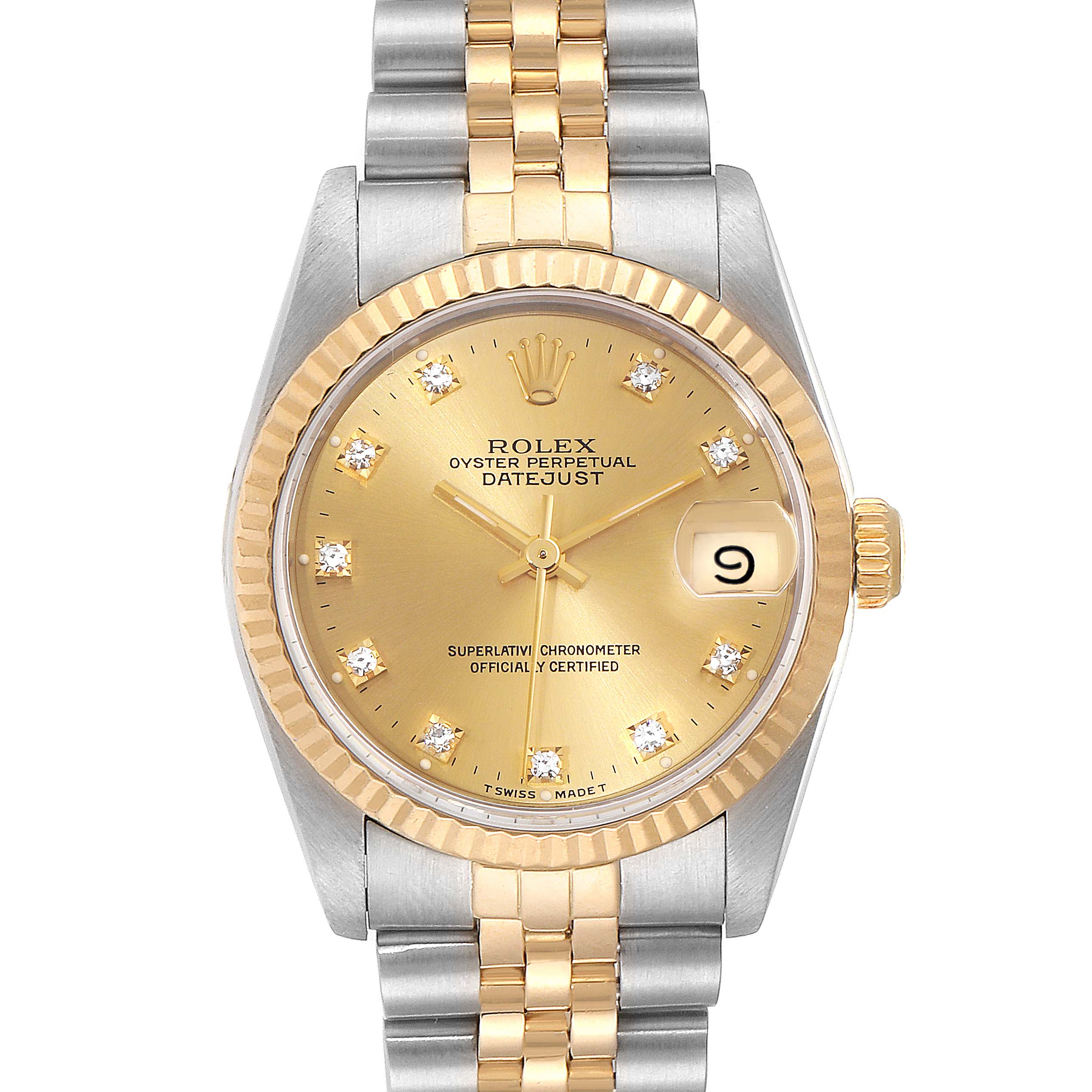 This image shows a front view of a Rolex Mid-Size 68273 Women
s Steel and Gold (two tone) Champagne Dial 68273 Women
s Steel and Gold (two tone) Champagne Dial Datejust watch, highlighting its gold and silver bracelet, fluted bezel, and dial with date indicator.