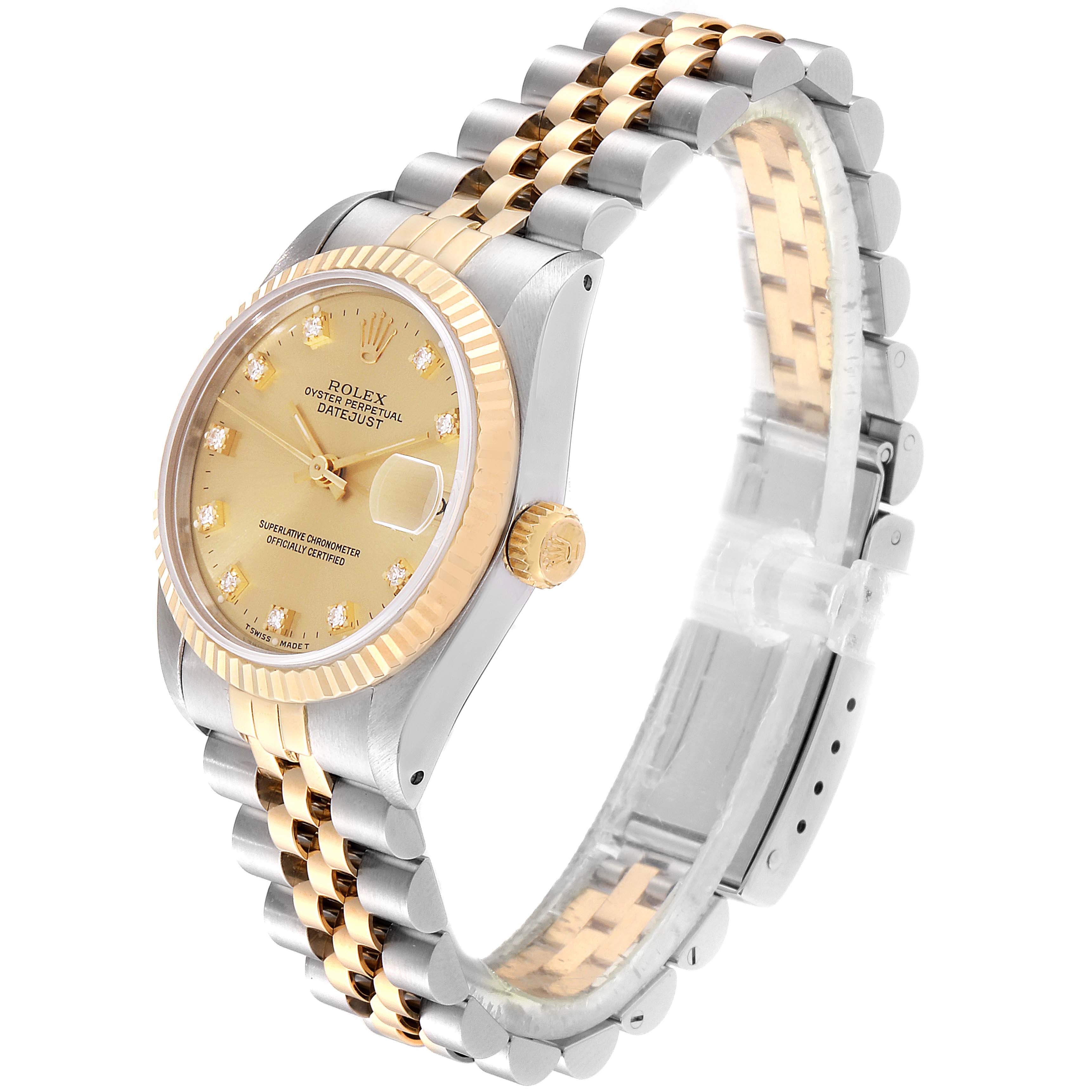 The image shows a side and front angle of the Rolex Mid-Size 68273 Women
s Steel and Gold (two tone) Champagne Dial 68273 Women
s Steel and Gold (two tone) Champagne Dial model watch, highlighting its gold and silver bracelet and fluted bezel.