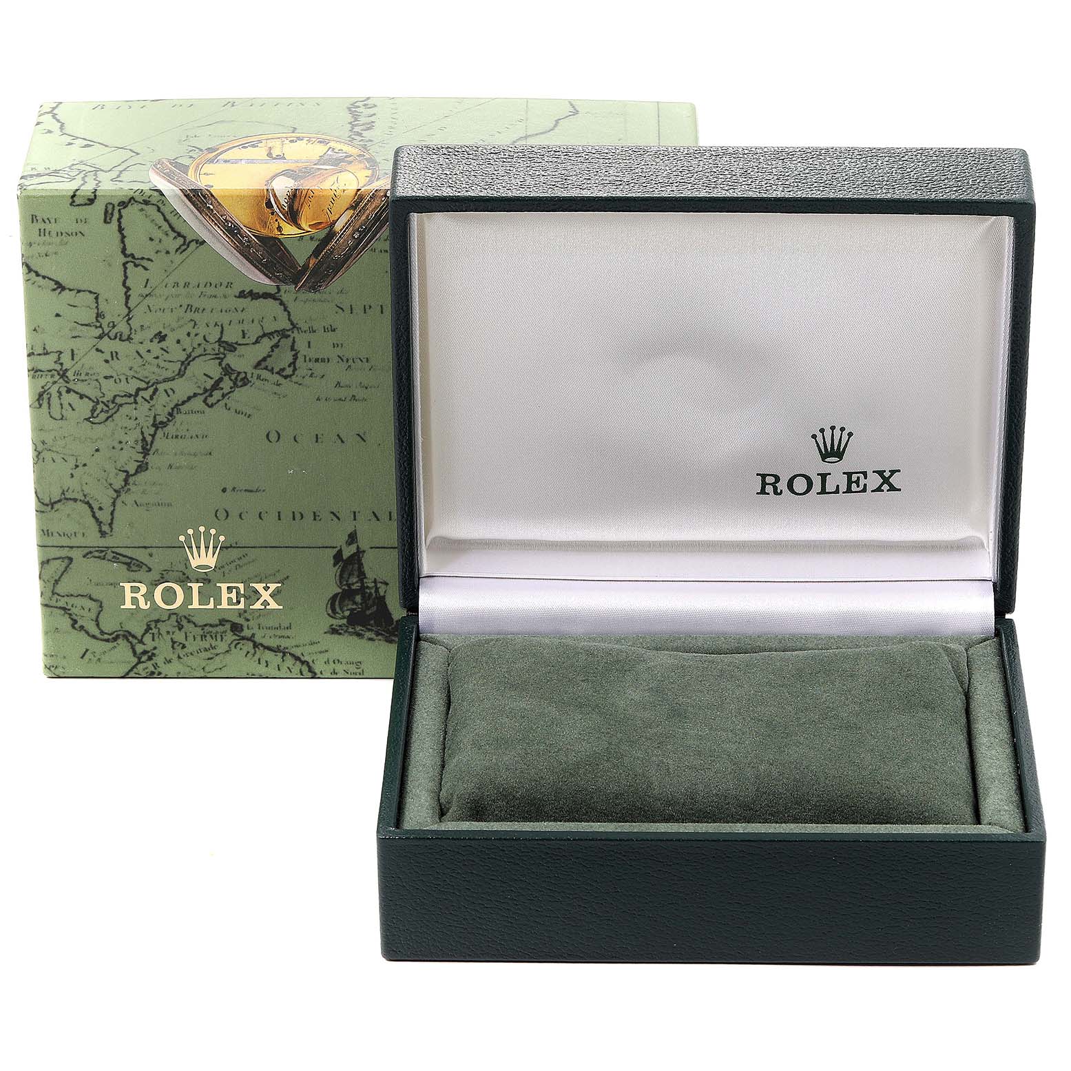 The image shows an open Rolex watch box and its outer packaging for a Mid-Size model, viewed from the front.