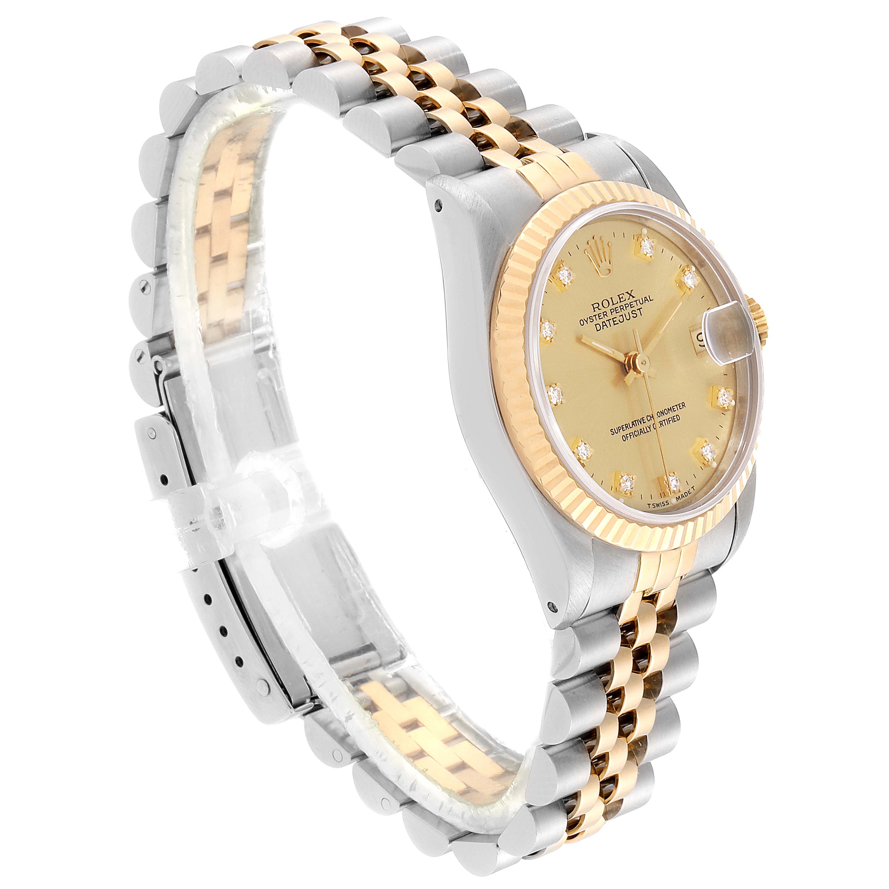 This image shows a side angle of the Rolex Mid-Size 68273 Women
s Steel and Gold (two tone) Champagne Dial 68273 Women
s Steel and Gold (two tone) Champagne Dial Datejust watch, highlighting its two-tone bracelet and champagne dial.