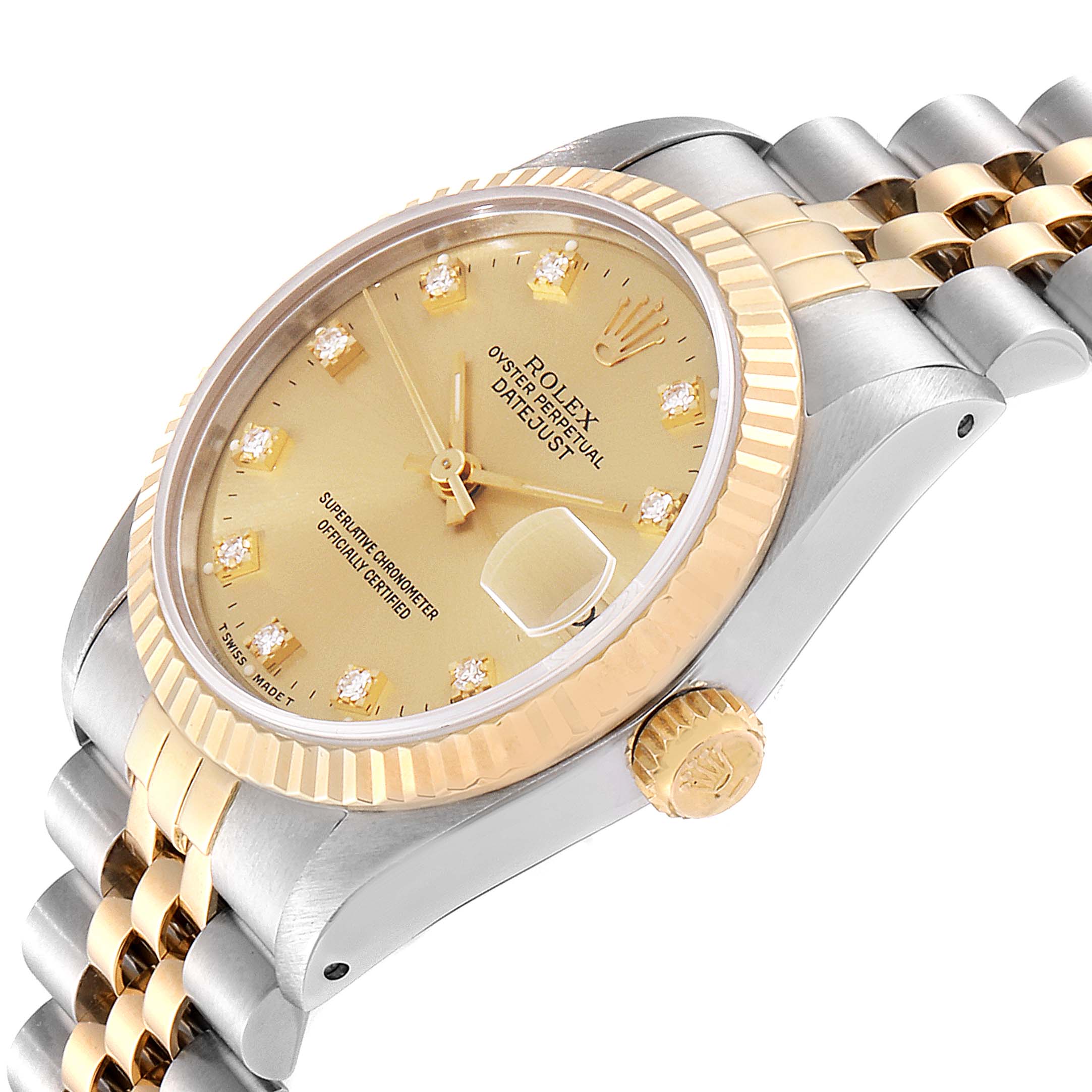 This image shows a Rolex Mid-Size 68273 Women
s Steel and Gold (two tone) Champagne Dial 68273 Women
s Steel and Gold (two tone) Champagne Dial Datejust watch angled to display the face, bezel, crown, and part of the bracelet.