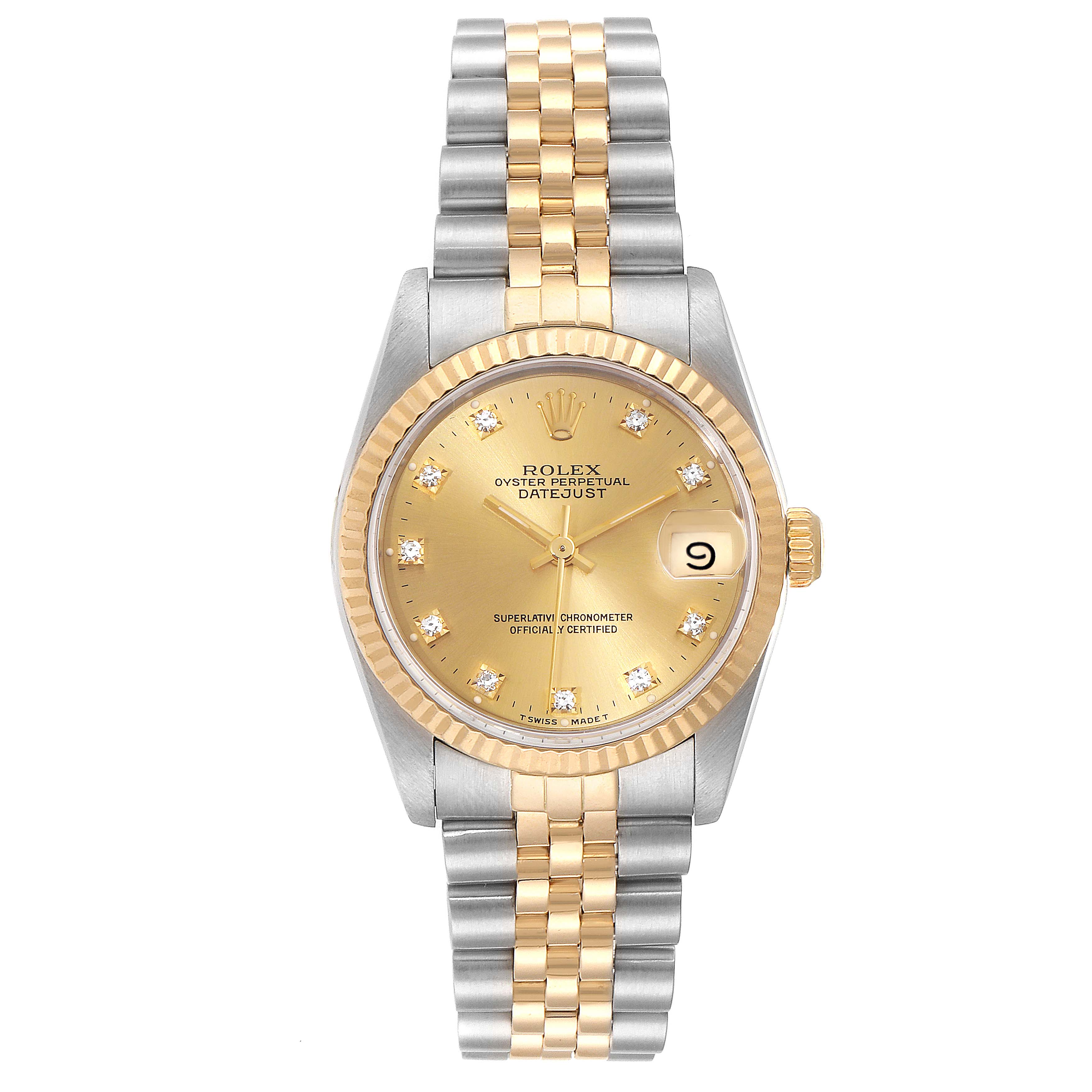 The Rolex Mid-Size 68273 Women
s Steel and Gold (two tone) Champagne Dial 68273 Women
s Steel and Gold (two tone) Champagne Dial Datejust watch is shown from a top angle, displaying the face, bezel, and bracelet.