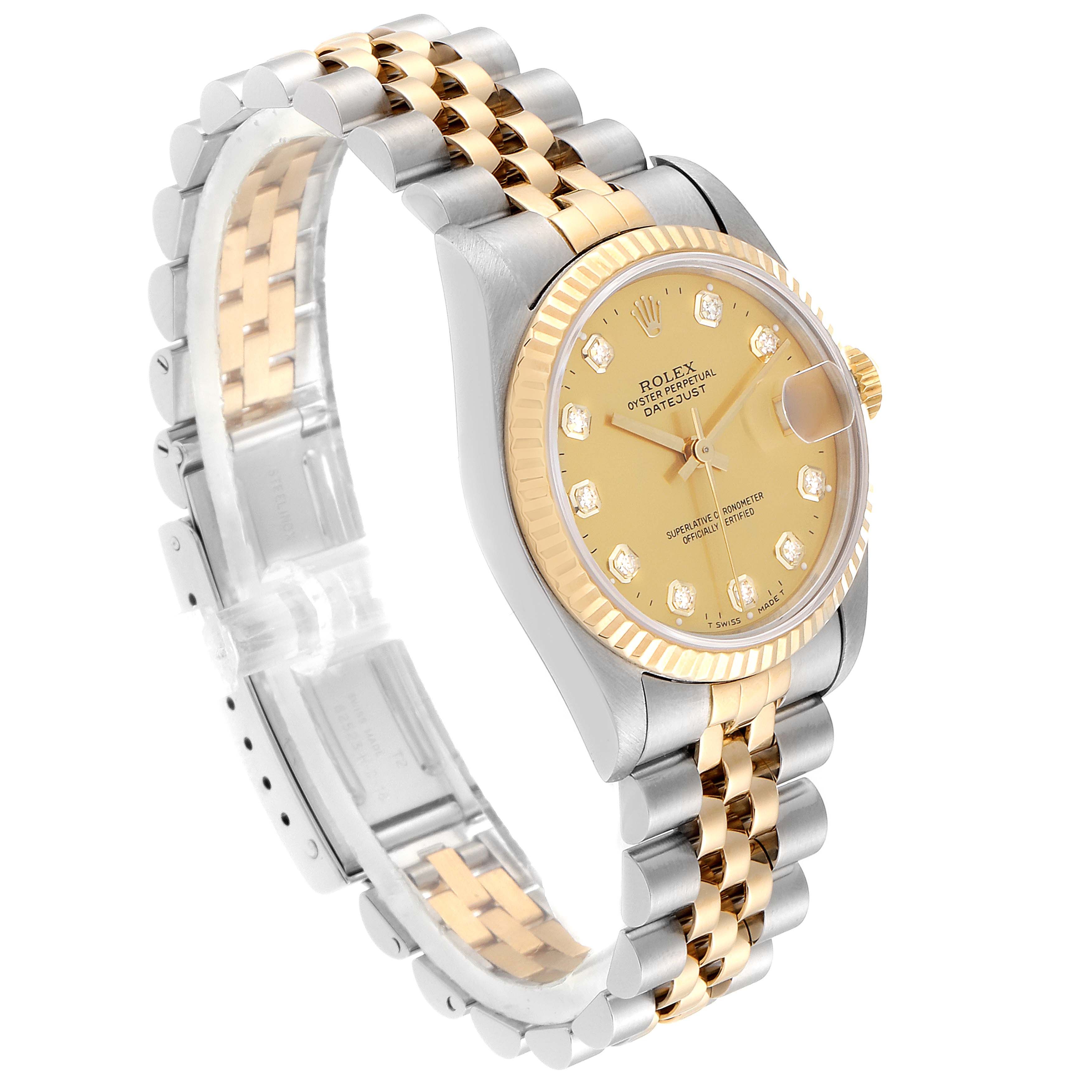 The image shows a Rolex Mid-Size 68273 Women
s Steel and Gold (two tone) Champagne Dial 68273 Women
s Steel and Gold (two tone) Champagne Dial Oyster Perpetual Datejust watch at a three-quarter angle, highlighting the dial, bezel, and Jubilee bracelet.