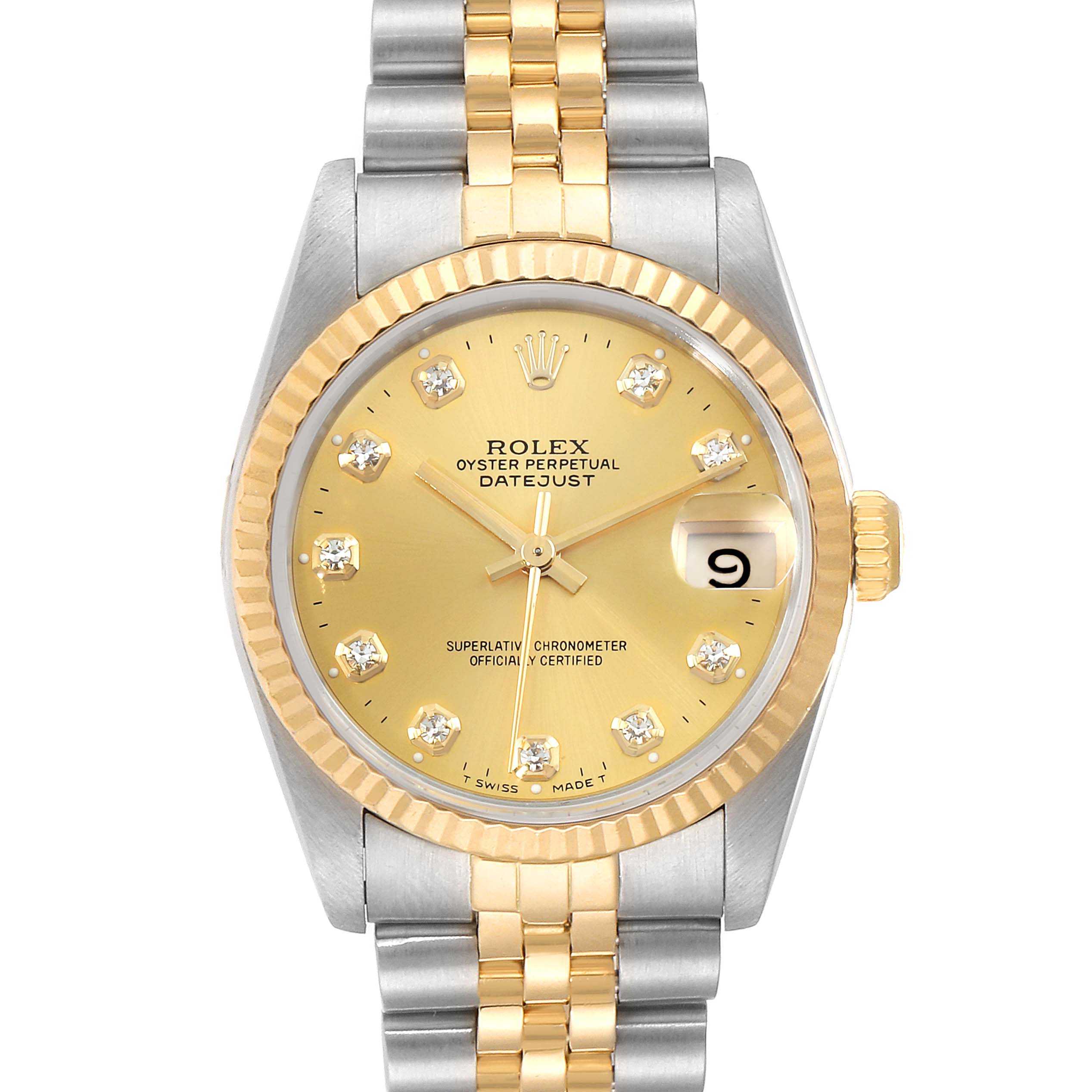 The image shows a front view of the Rolex Mid-Size 68273 Women
s Steel and Gold (two tone) Champagne Dial 68273 Women
s Steel and Gold (two tone) Champagne Dial Oyster Perpetual Datejust watch, highlighting its gold dial, bezel, and bi-metal bracelet.