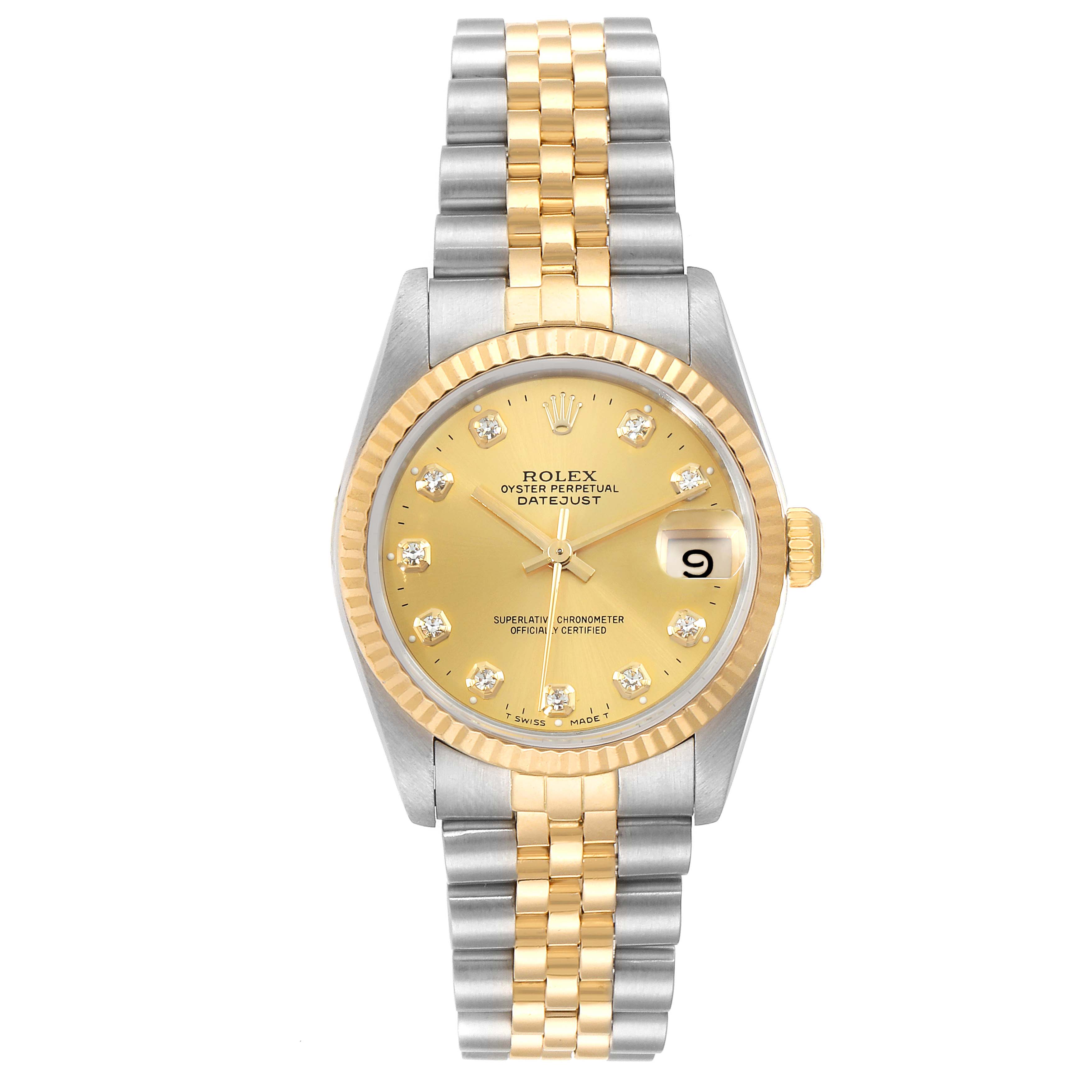 This image shows a front view of a Rolex Mid-Size 68273 Women
s Steel and Gold (two tone) Champagne Dial 68273 Women
s Steel and Gold (two tone) Champagne Dial Datejust watch, featuring a gold and silver bracelet and a gold dial with diamond markers.