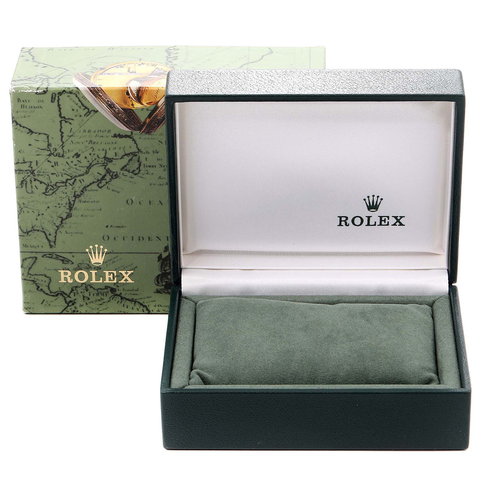 The image shows the packaging for a Rolex Mid-Size 68273 Women
s Steel and Gold (two tone) Champagne Dial 68273 Women
s Steel and Gold (two tone) Champagne Dial model watch, including an open green box and a decorative outer box.