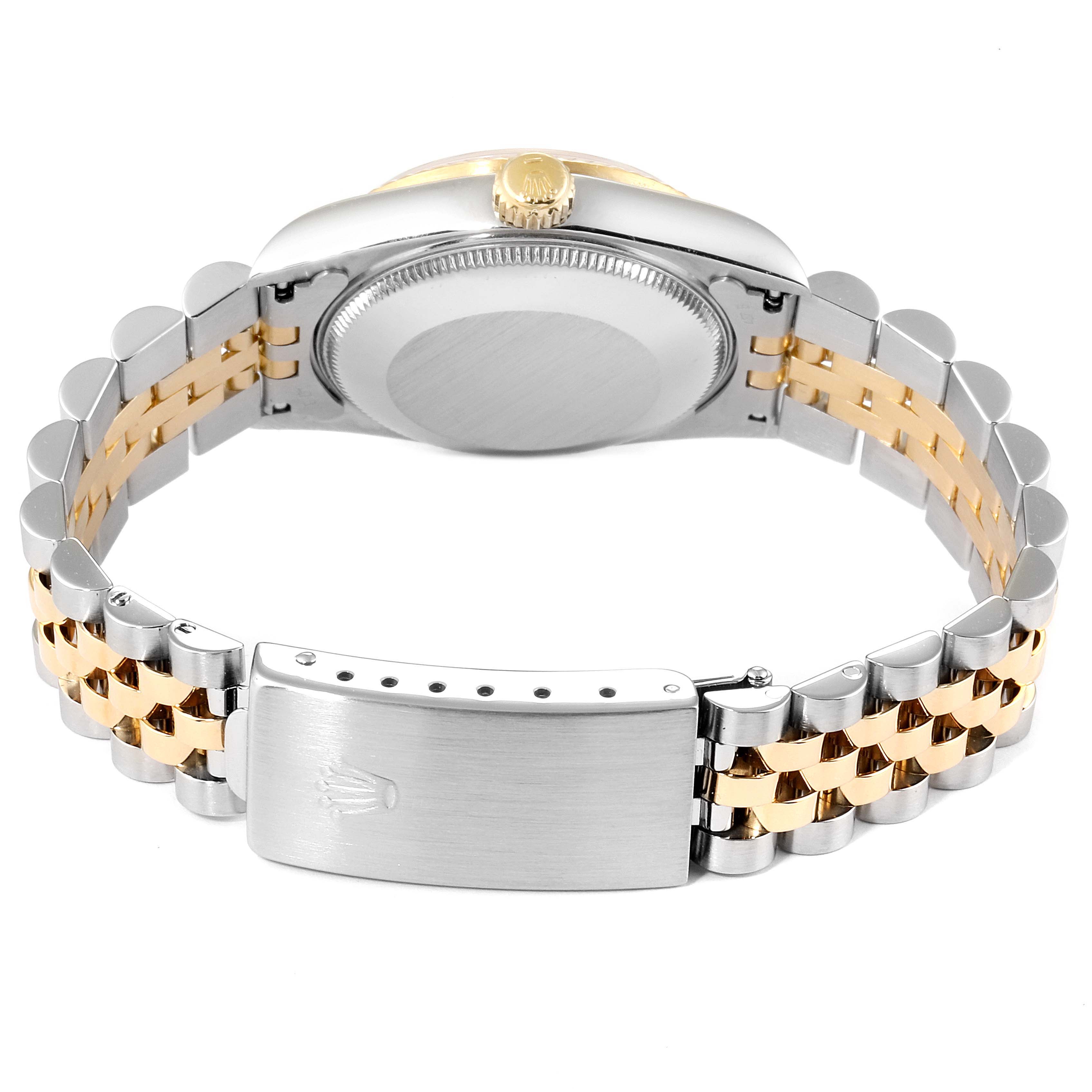 The image shows the back and side view of the Mid-Size Rolex watch, featuring the case back, crown, and two-tone bracelet.
