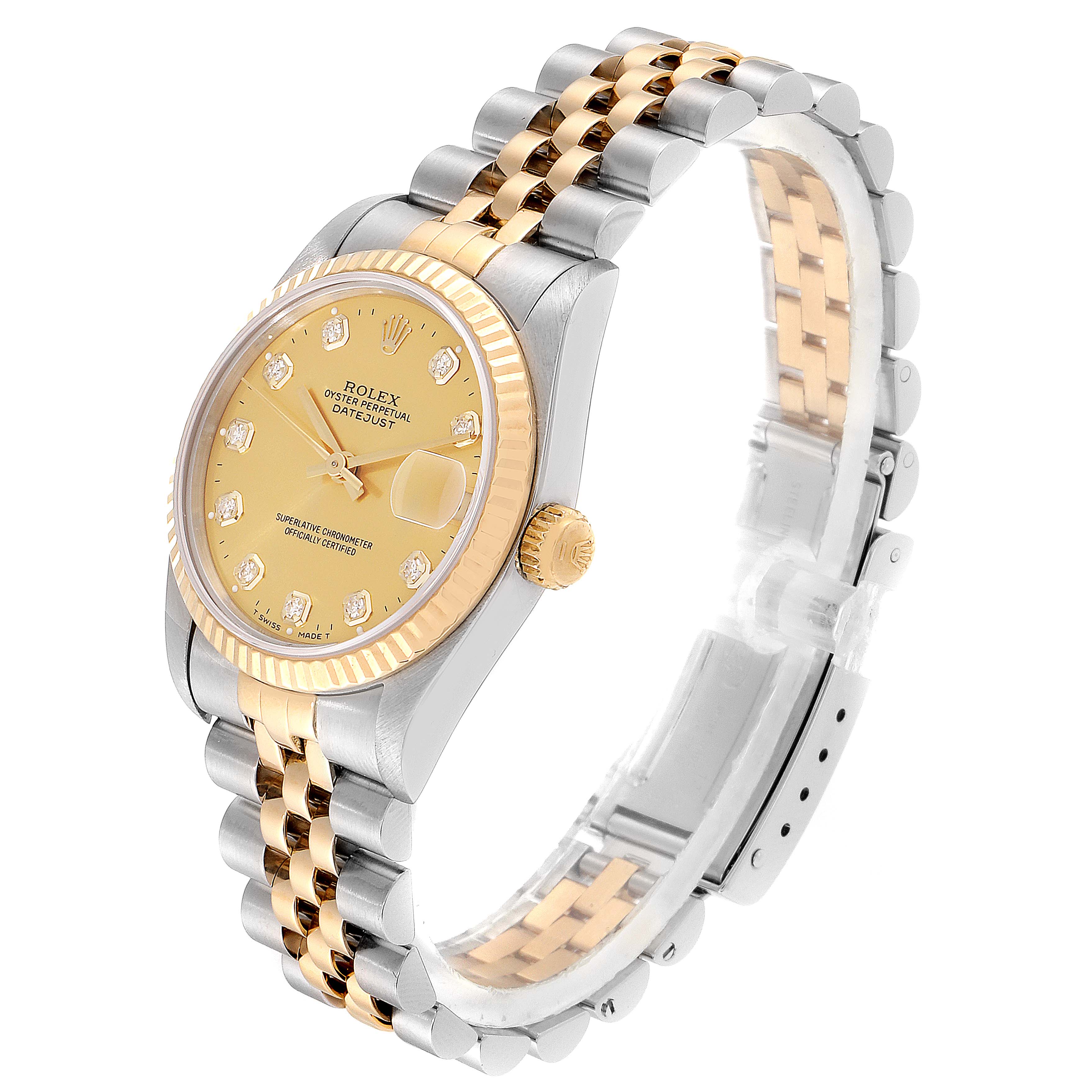 The Rolex Mid-Size 68273 Women
s Steel and Gold (two tone) Champagne Dial 68273 Women
s Steel and Gold (two tone) Champagne Dial model watch is shown at a three-quarter angle, featuring its two-tone bracelet, champagne dial, and date window.