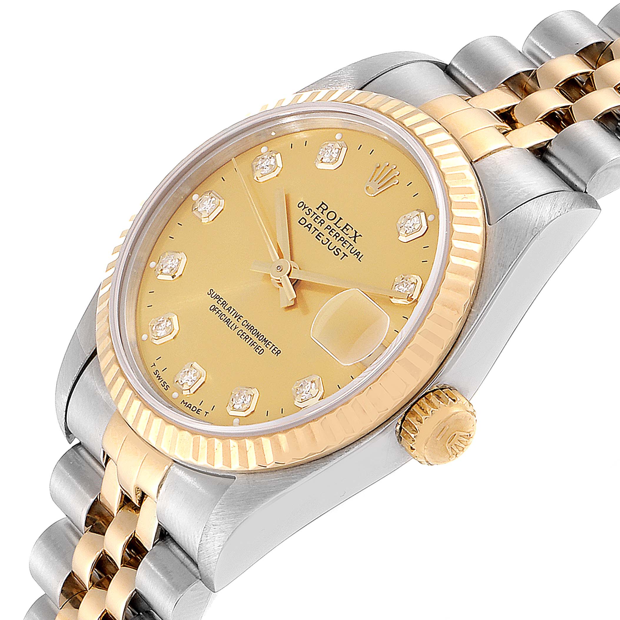 The image shows a side angle view of a Rolex Mid-Size 68273 Women
s Steel and Gold (two tone) Champagne Dial 68273 Women
s Steel and Gold (two tone) Champagne Dial Oyster Perpetual Datejust, highlighting the dial, bezel, and bracelet.