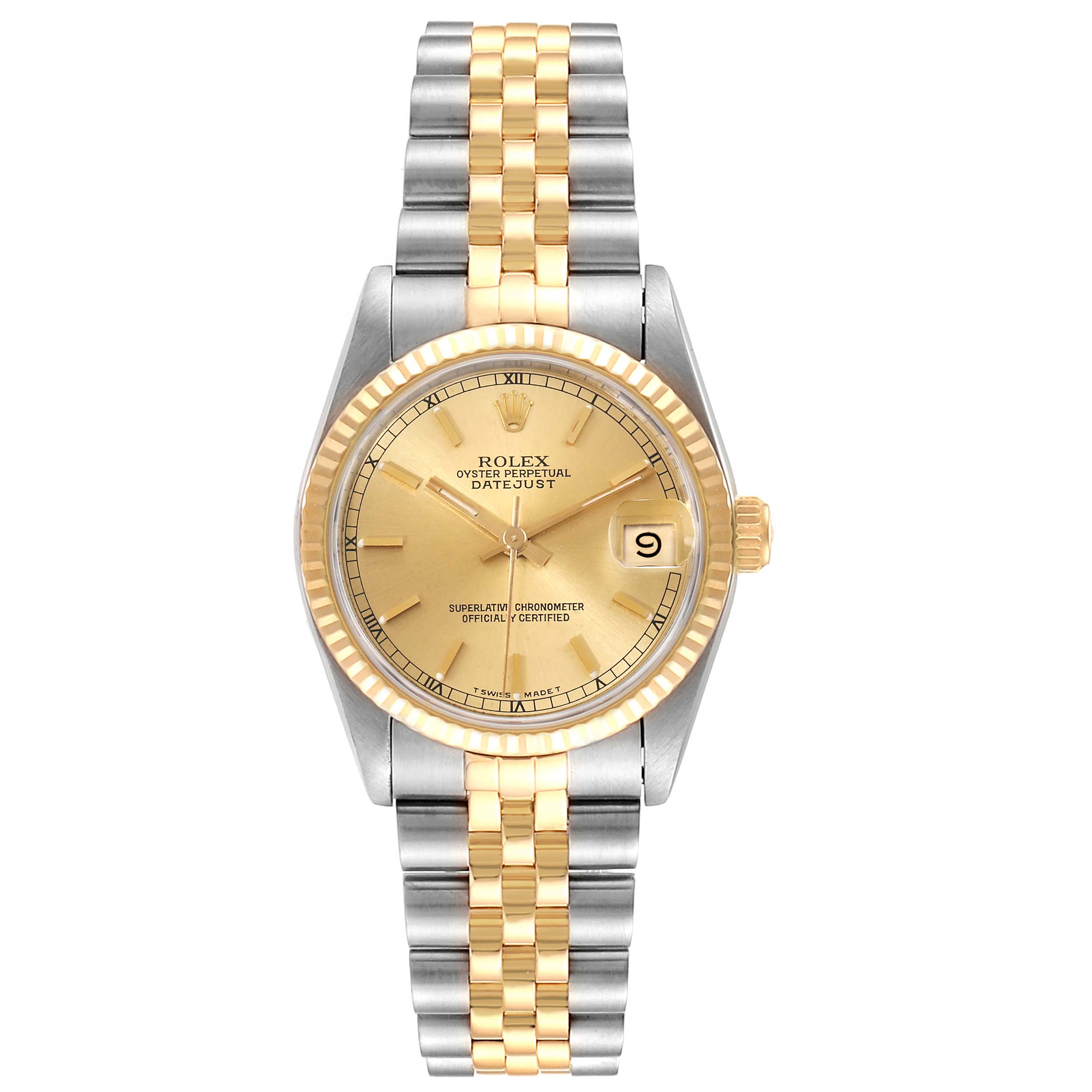 The image shows a frontal view of a Rolex Datejust Mid-Size watch, highlighting its gold dial, fluted bezel, and two-tone bracelet.