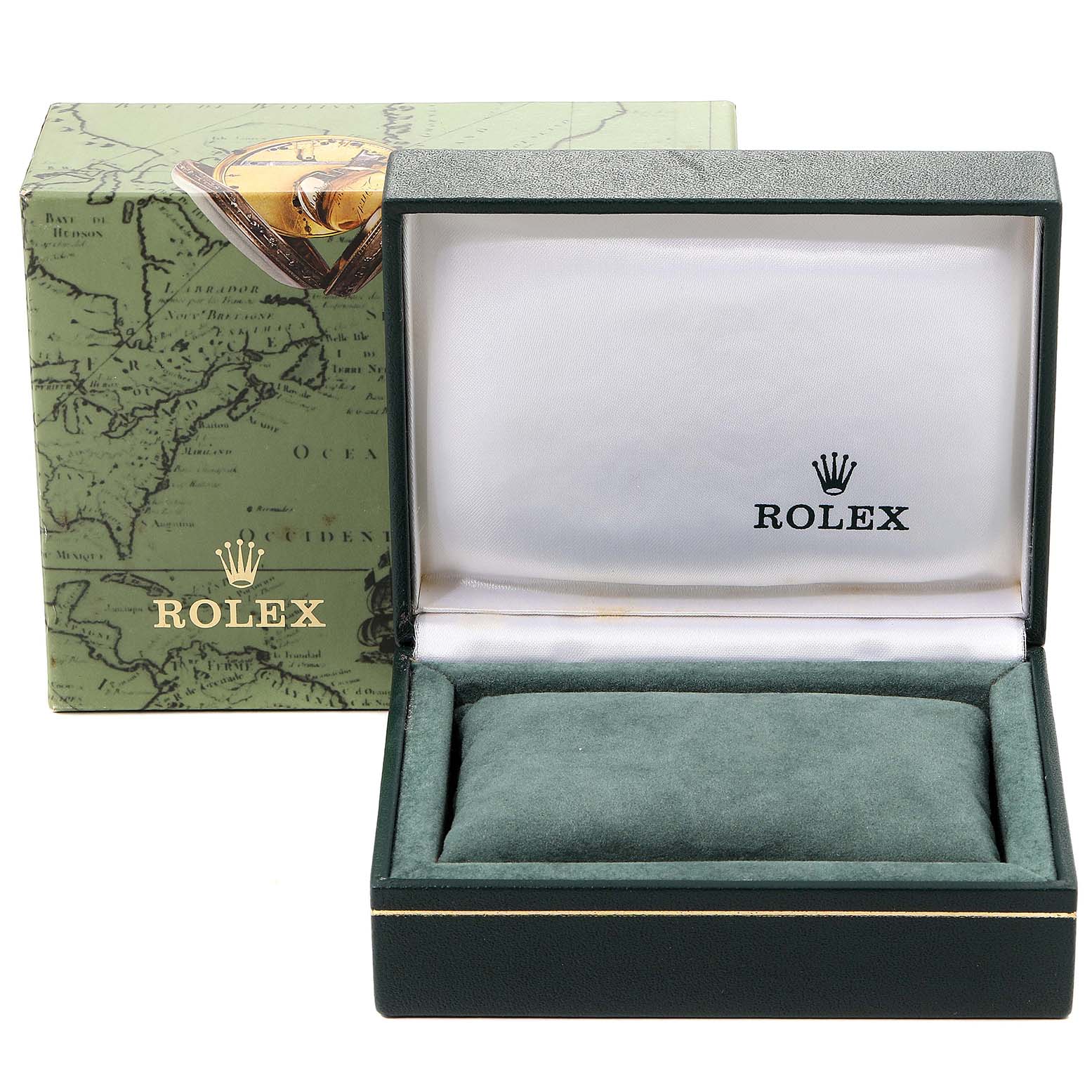 This image shows a Rolex Mid-Size 68273 Women
s Steel and Gold (two tone) Champagne Dial 68273 Women
s Steel and Gold (two tone) Champagne Dial watch box with the lid open, revealing the interior cushion and brand logo.