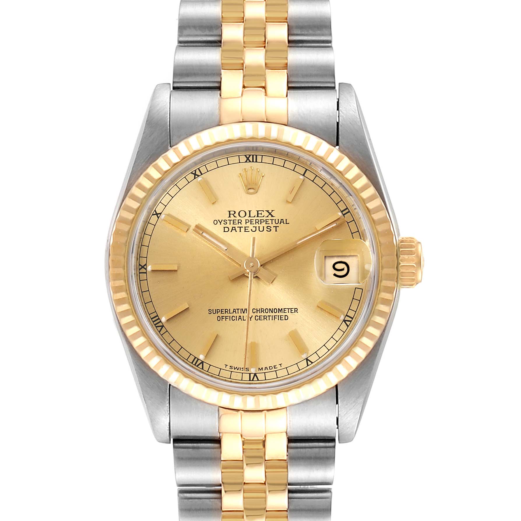 The Rolex Mid-Size 68273 Women
s Steel and Gold (two tone) Champagne Dial 68273 Women
s Steel and Gold (two tone) Champagne Dial Datejust is shown from the front, displaying the face, hands, crown, and part of the bracelet.
