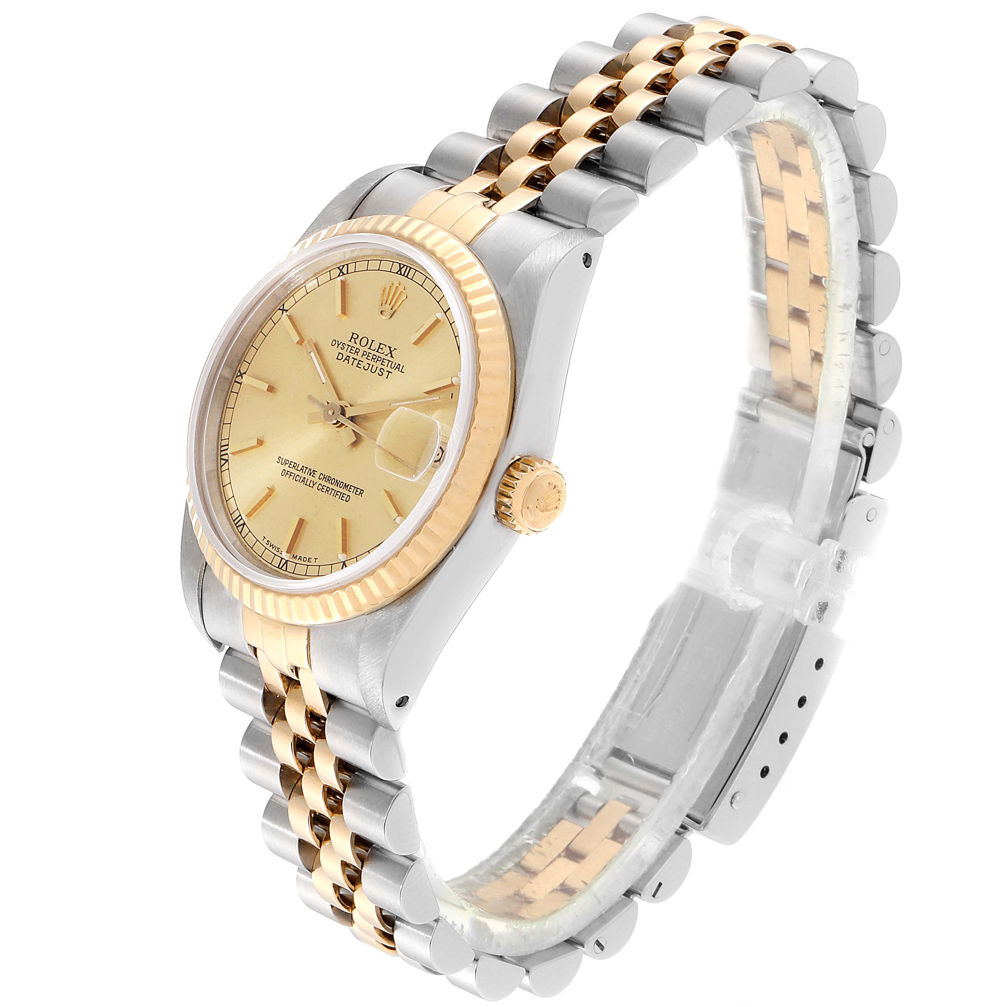 The image shows a side and front view of the mid-size Rolex Datejust watch, highlighting the two-tone bracelet, bezel, and dial.