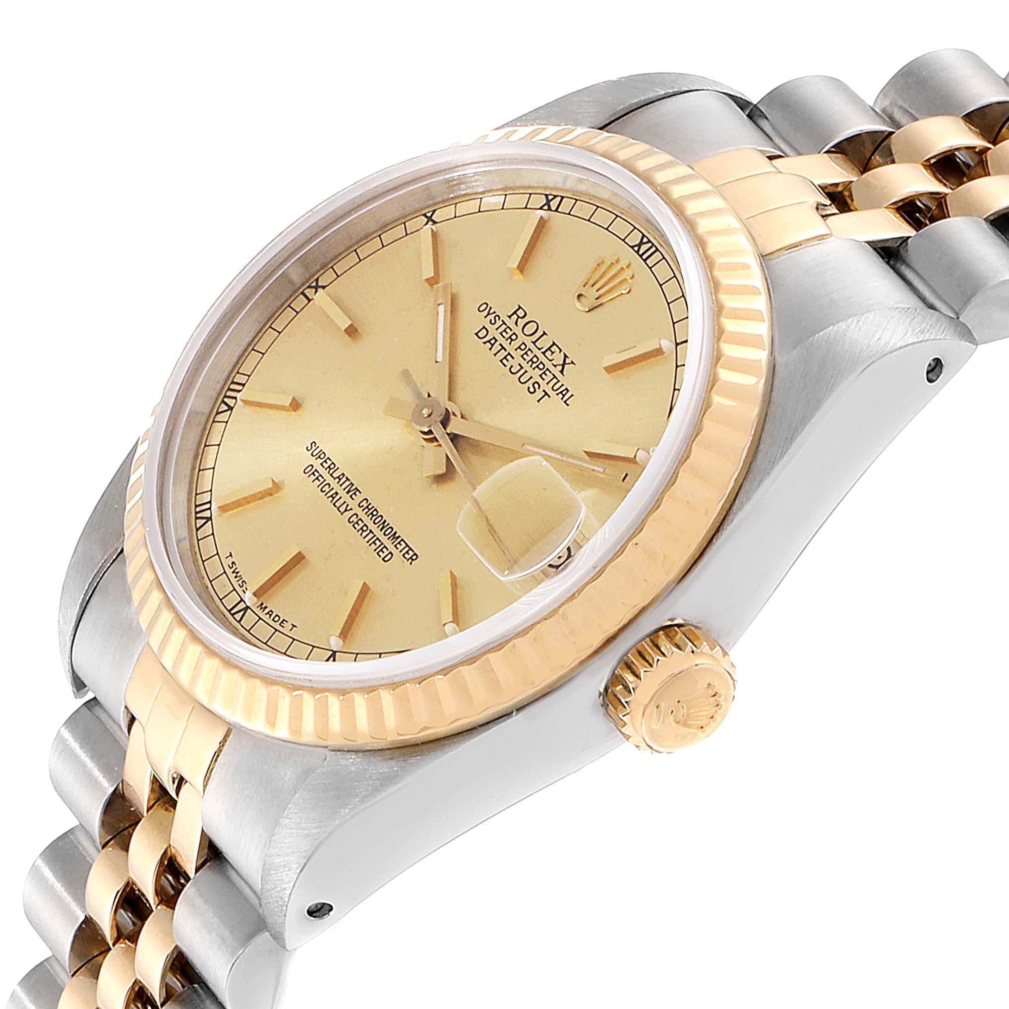 This image shows a Rolex Datejust Mid-Size watch at an angle, highlighting the dial, bezel, and part of the bracelet.
