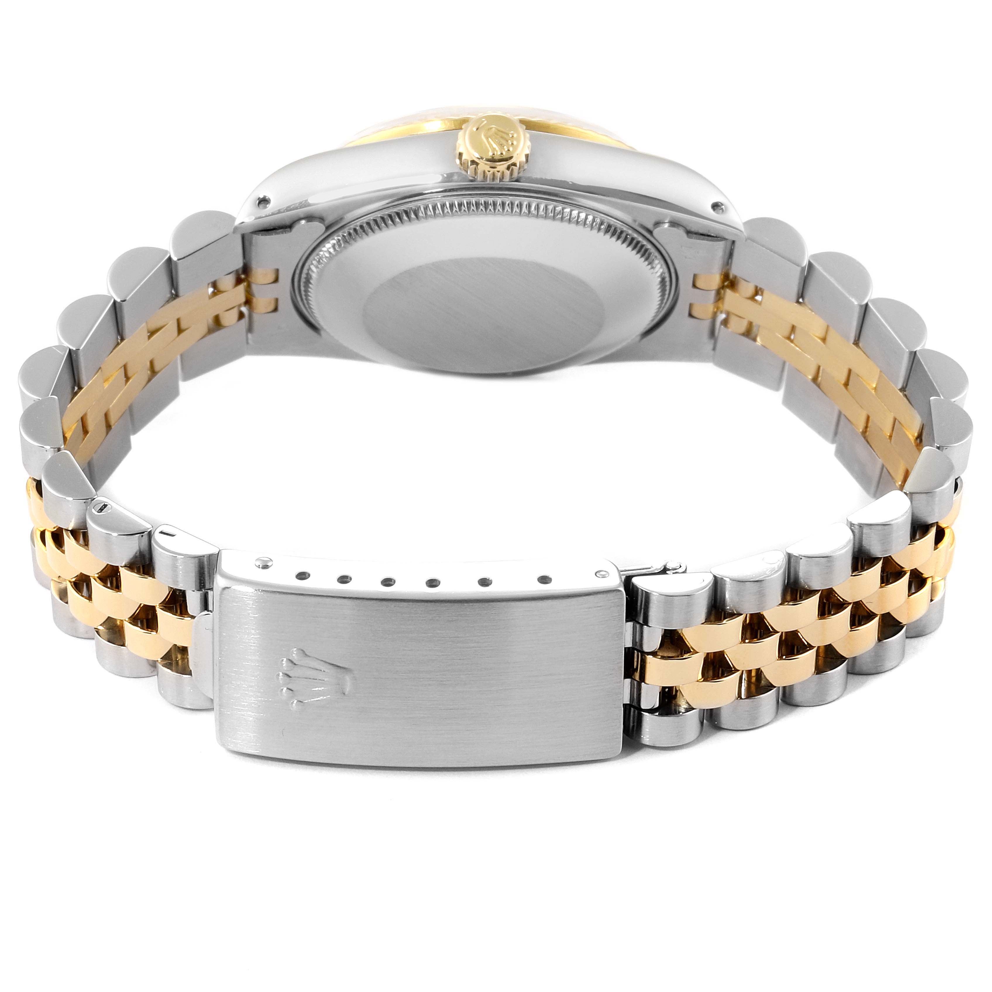 This image shows the back view of a Rolex Mid-Size 68273 Women
s Steel and Gold (two tone) Champagne Dial 68273 Women
s Steel and Gold (two tone) Champagne Dial watch, highlighting the clasp, bracelet, case back, and crown.