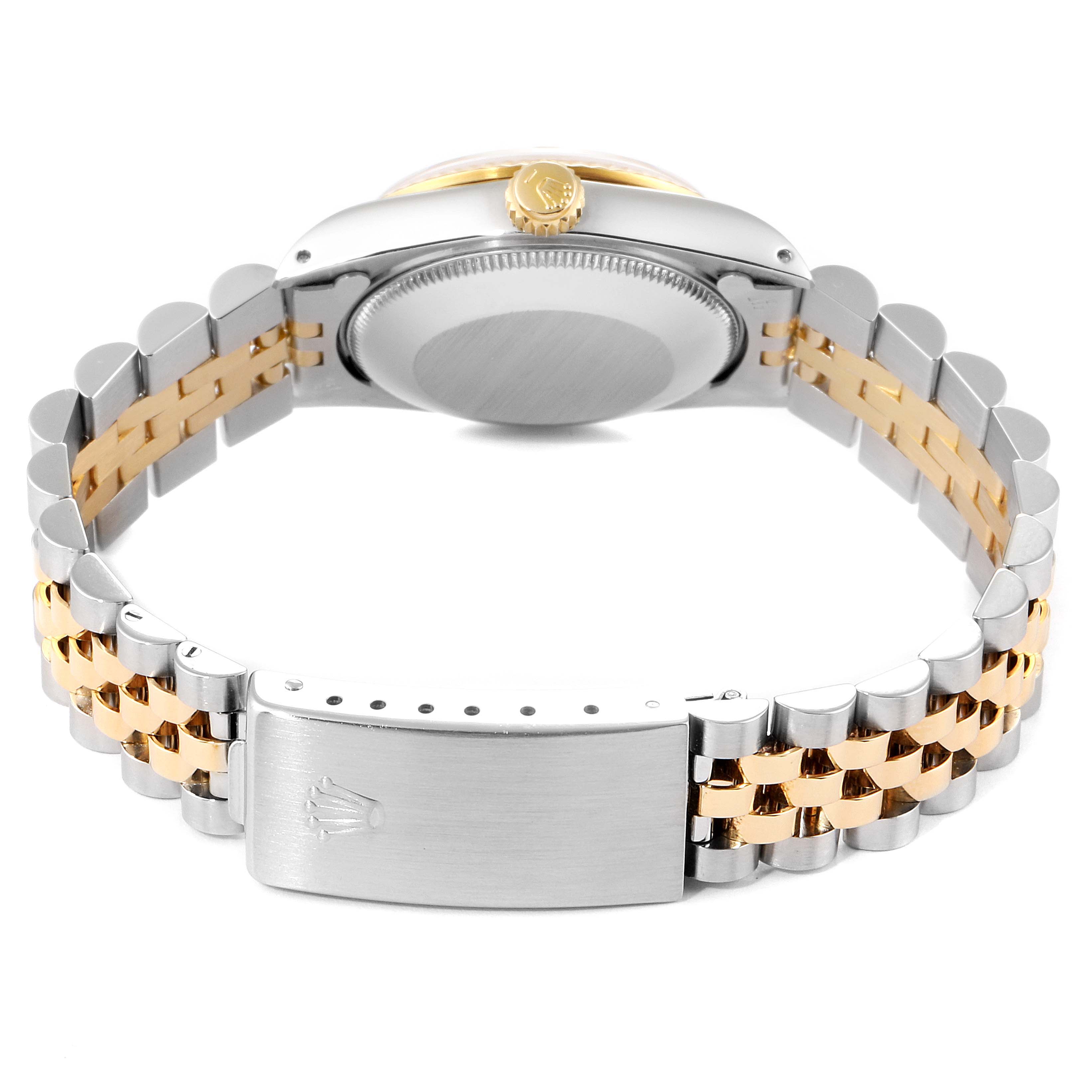 The image shows the back view of a Mid-Size Rolex watch, highlighting its bracelet, clasp, crown, and case back.