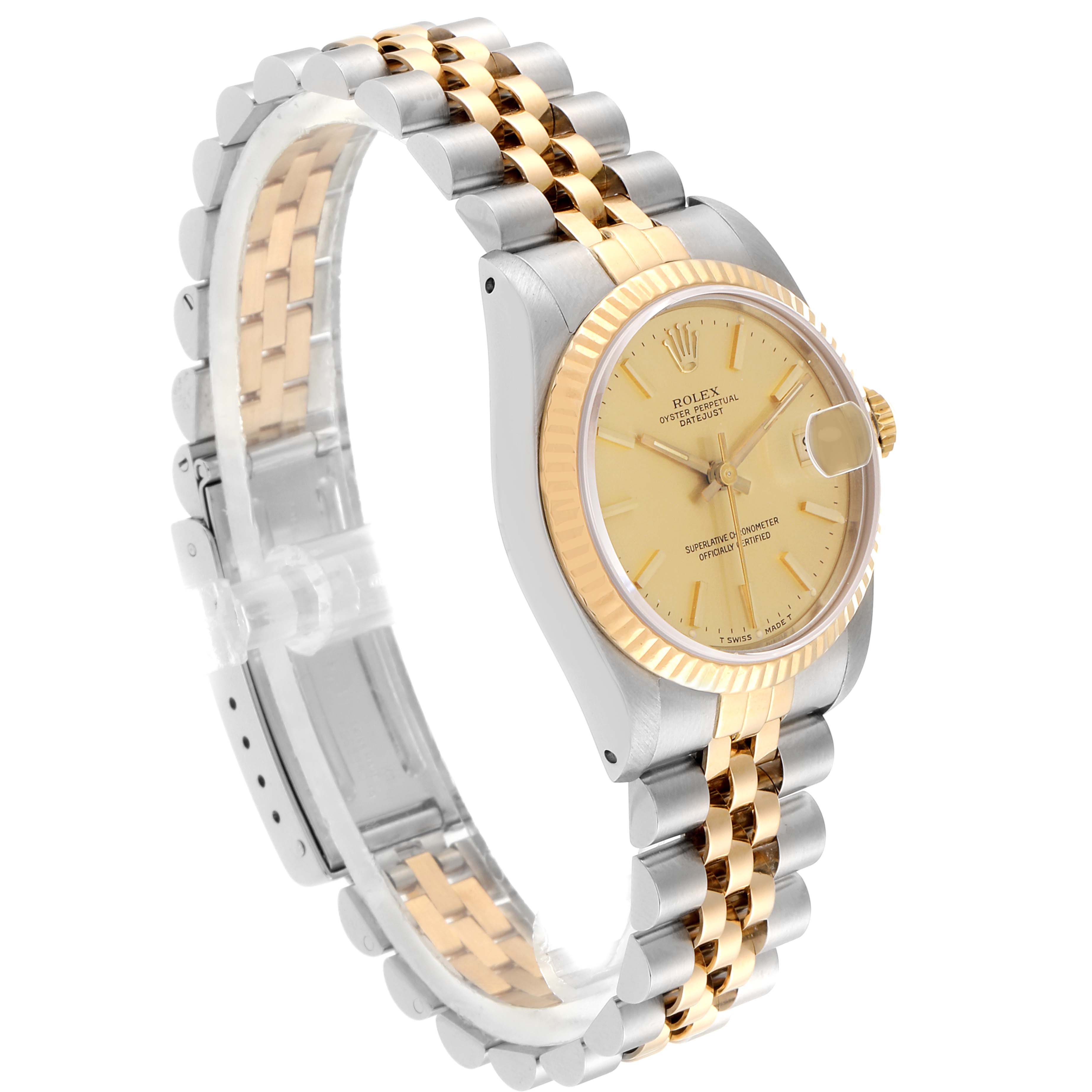 The Rolex Mid-Size 68273 Women's Steel and Gold (two tone) Champagne Dial 68273 Women's Steel and Gold (two tone) Champagne Dial model watch is shown at a side angle, displaying its gold and silver bracelet, fluted bezel, and champagne dial.