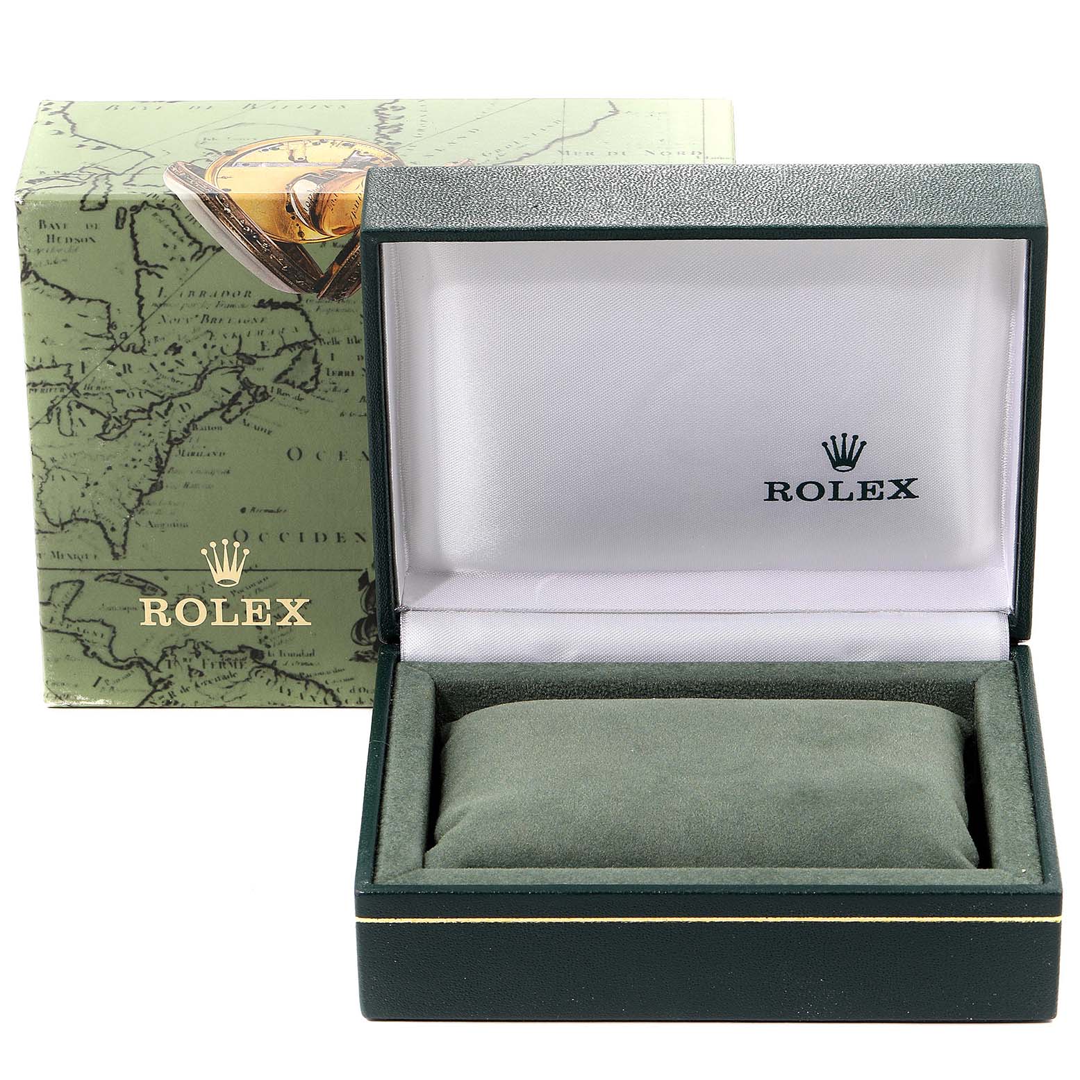 The image shows an open Rolex Mid-Size 68273 Women's Steel and Gold (two tone) Champagne Dial 68273 Women's Steel and Gold (two tone) Champagne Dial model watch box with a cushion and a map-themed outer box in the background.