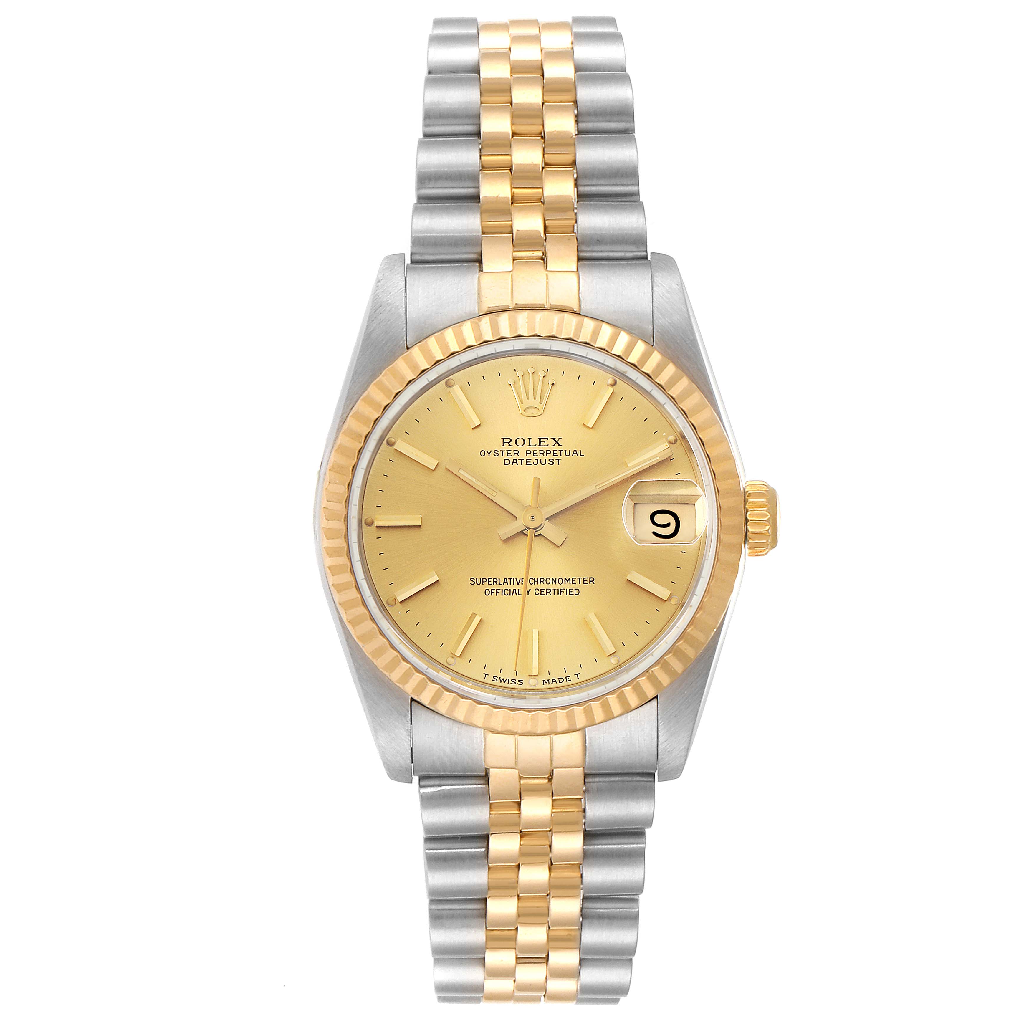 The image shows a frontal view of a Mid-Size Rolex Datejust watch, displaying its dial, jubilee bracelet, and fluted bezel.