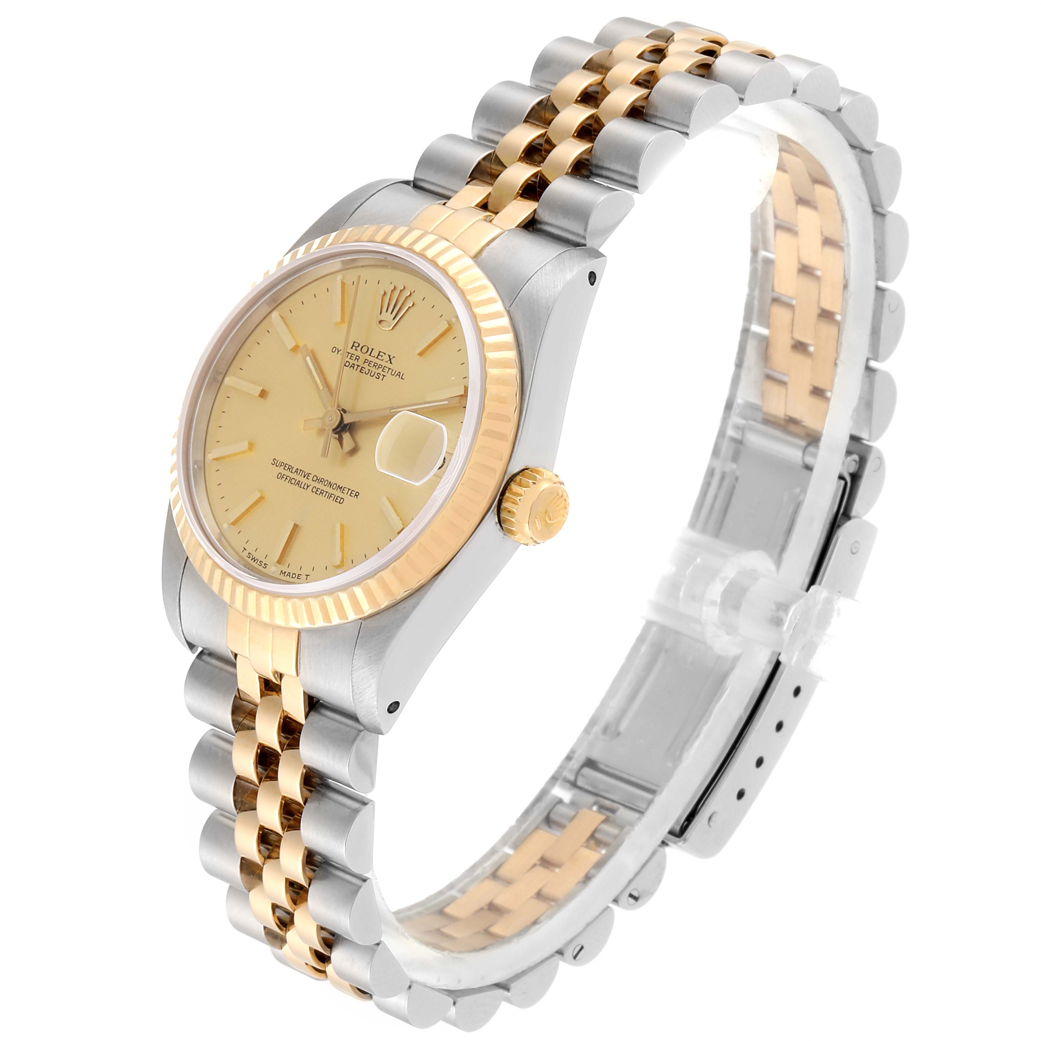 The image shows a side view of a Rolex Mid-Size 68273 Women's Steel and Gold (two tone) Champagne Dial 68273 Women's Steel and Gold (two tone) Champagne Dial model watch featuring a two-tone metal band and a gold bezel.