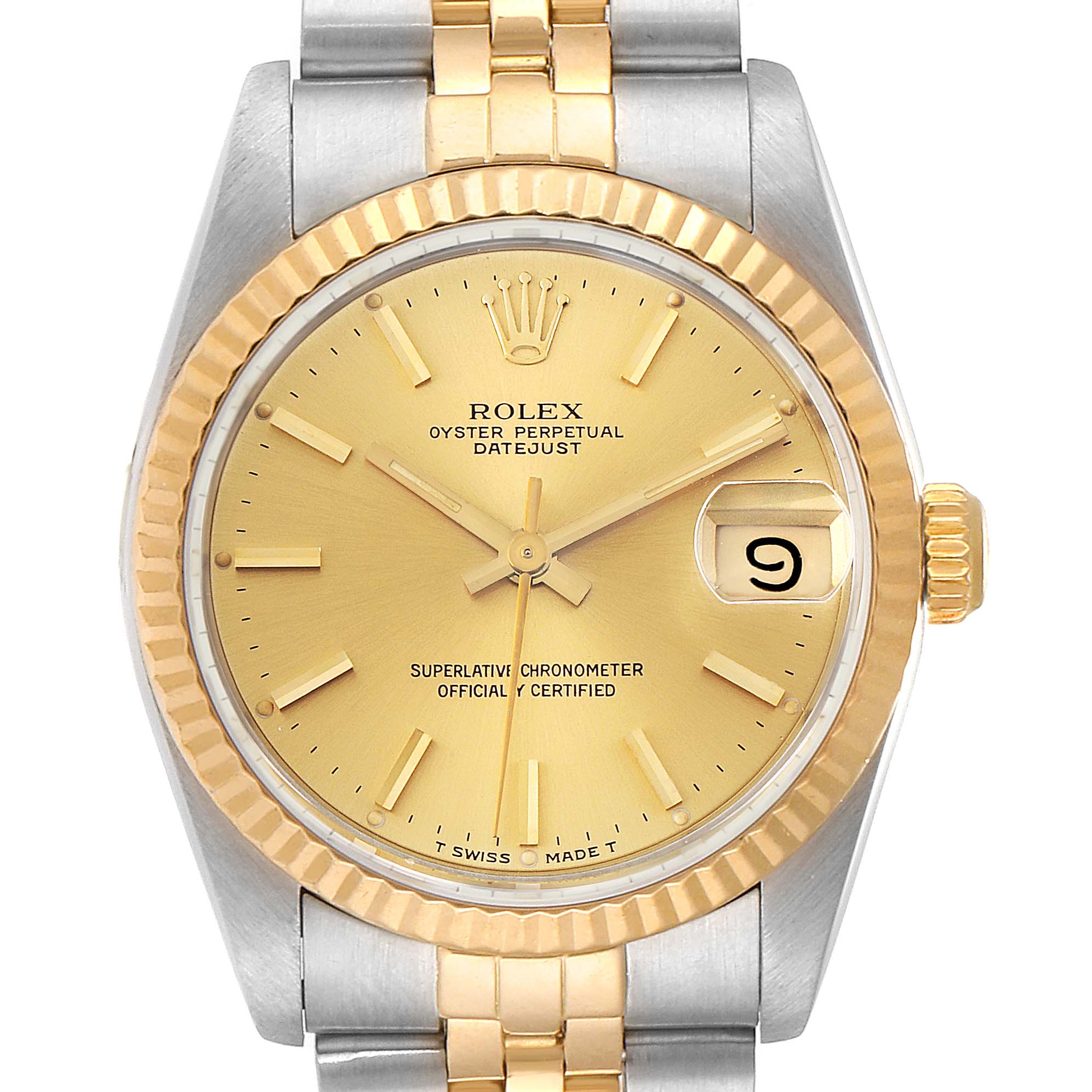 The image shows a front view of a Mid-Size Rolex Oyster Perpetual Datejust, highlighting the dial, hands, date window, and part of the bracelet.