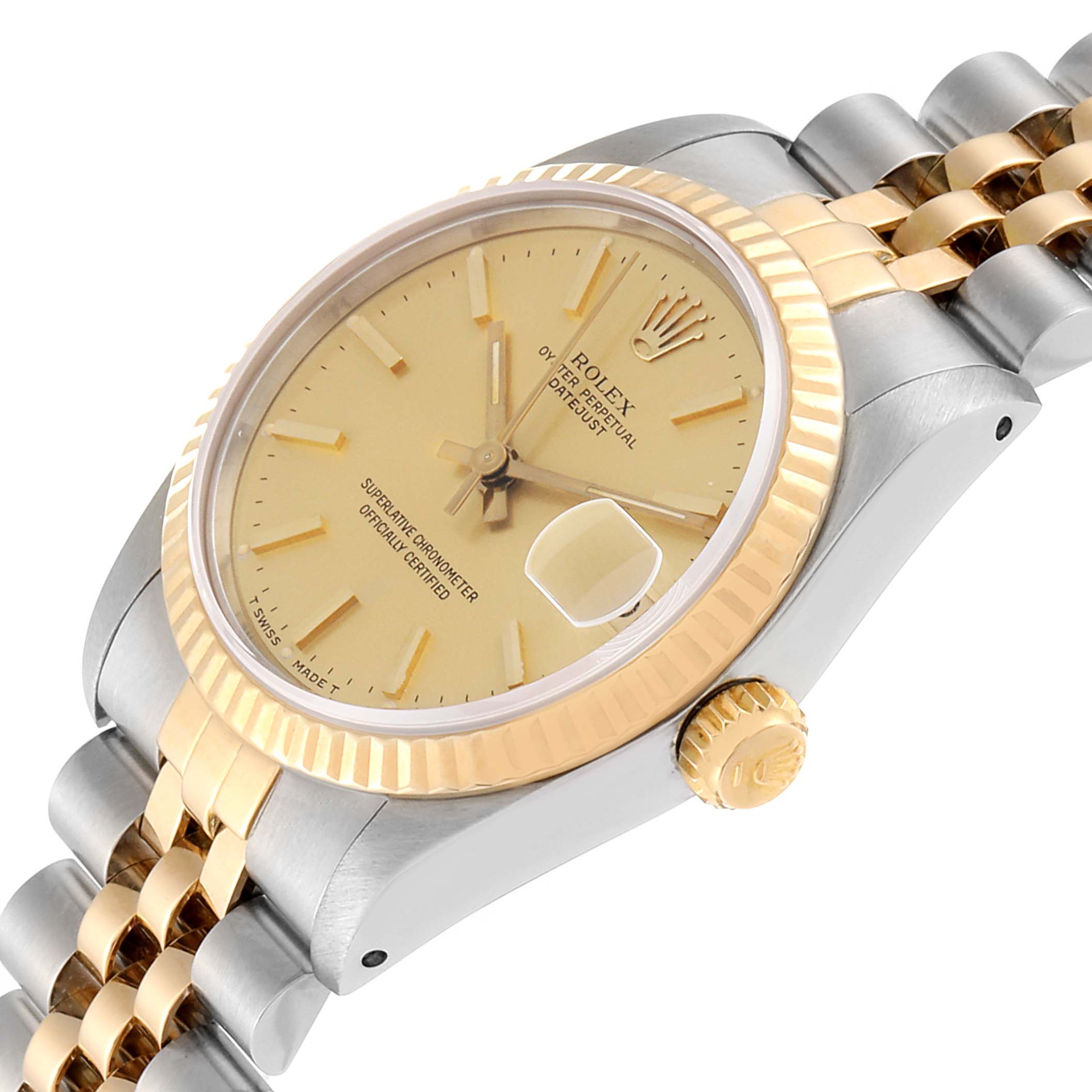 This angulated close-up displays the dial, crown, bracelet, and bezel of the mid-size Rolex Oyster Perpetual Datejust.