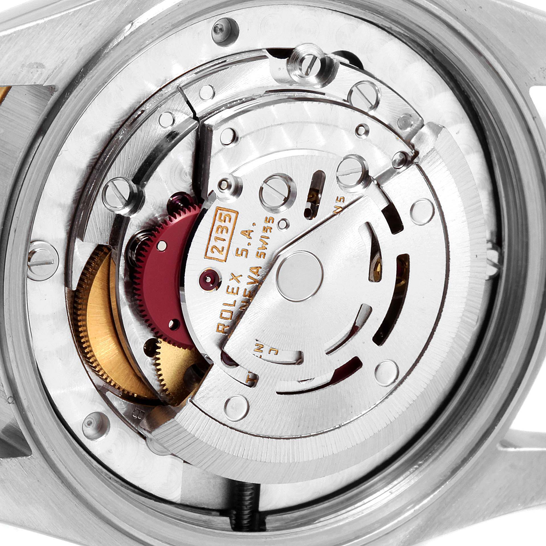 The image shows the internal mechanism of a Rolex Mid-Size 68273 Women's Steel and Gold (two tone) Champagne Dial 68273 Women's Steel and Gold (two tone) Champagne Dial model watch viewed from the back, highlighting its intricate components.
