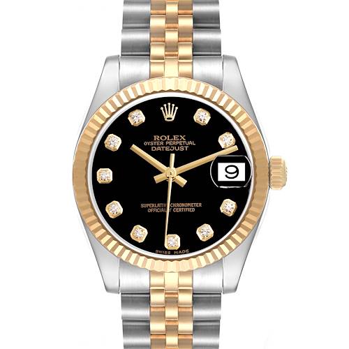 The Rolex Mid-Size Datejust watch is shown from the front, displaying the face, bezel, crown, and part of the bracelet.