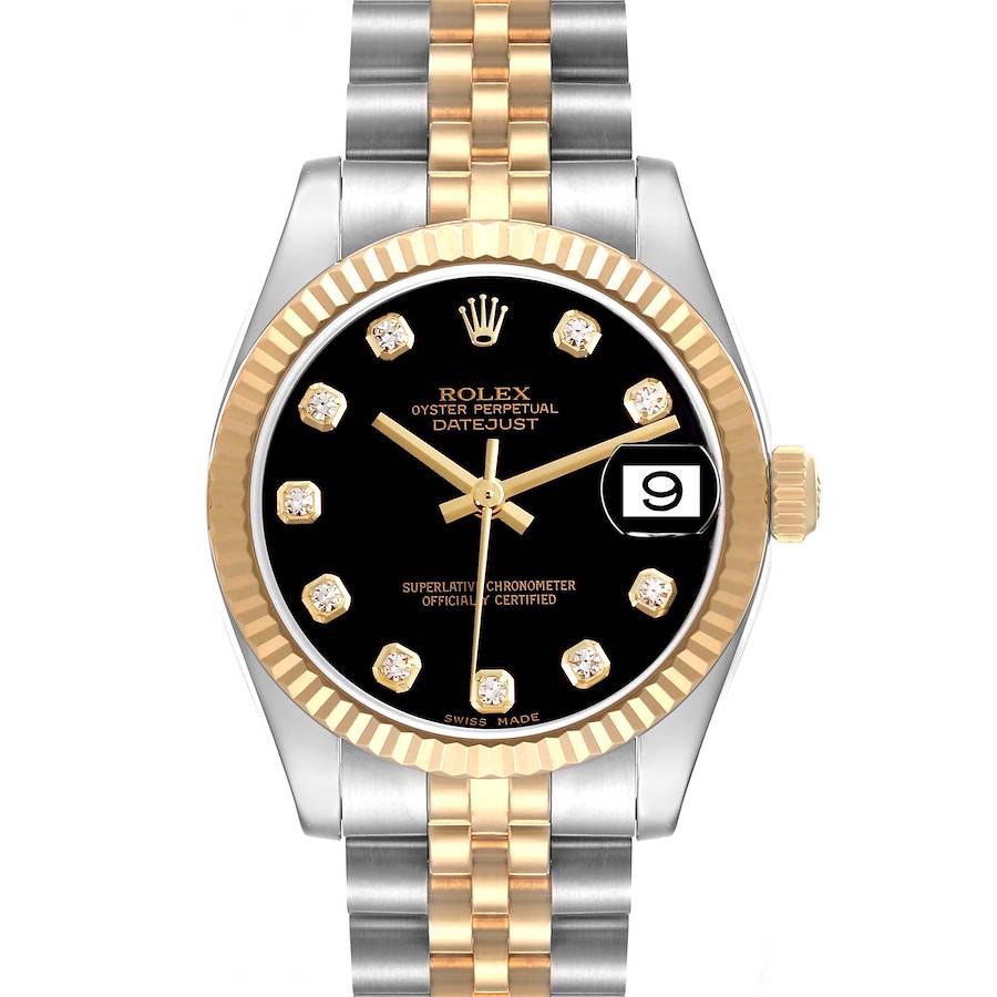 The Rolex Datejust Mid-Size is shown from the front, displaying the dial, bezel, crown, and bracelet.