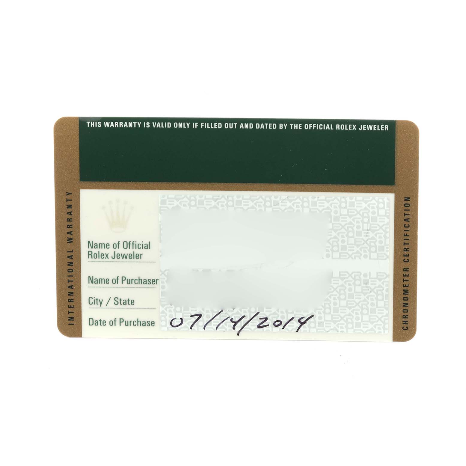 The image shows the warranty card for a Rolex Mid-Size 178273 Women's Steel and Gold (two tone) Black Dial 178273 Women's Steel and Gold (two tone) Black Dial model, not the watch itself.