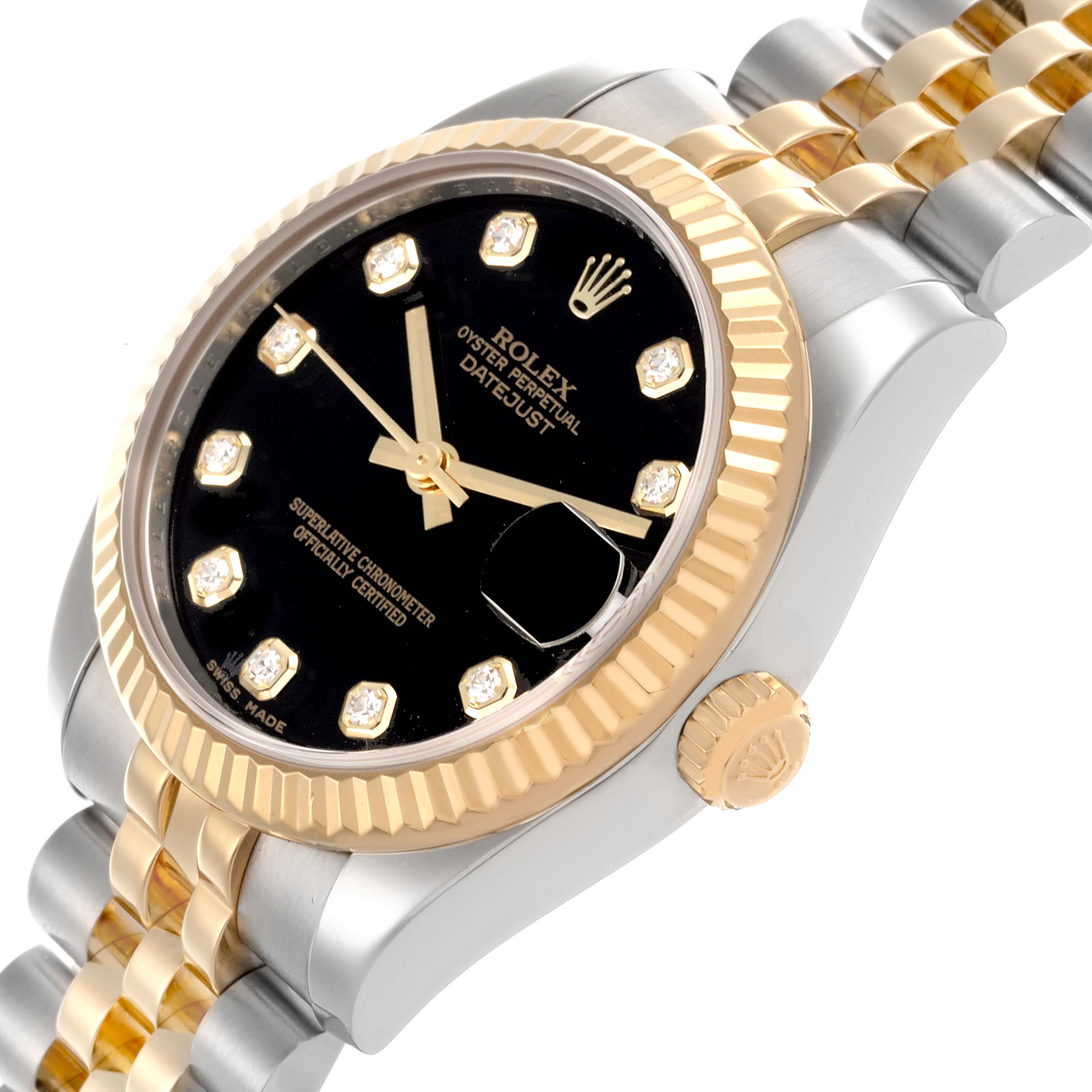 The Rolex Datejust Mid-Size watch is shown at an angle displaying the dial, bezel, crown, and part of the bracelet.