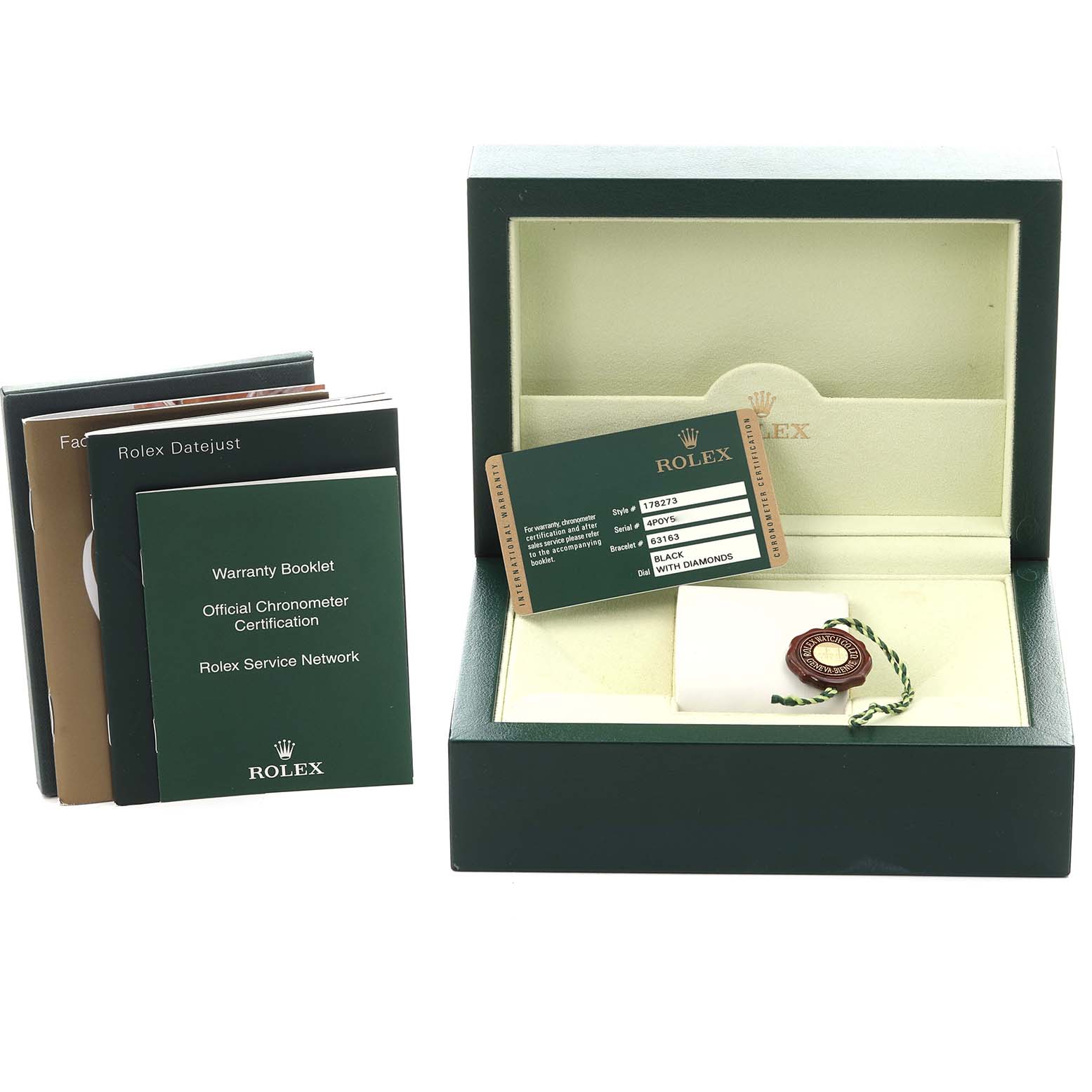 The image shows accessories for a Rolex Mid-Size 178273 Women's Steel and Gold (two tone) Black Dial 178273 Women's Steel and Gold (two tone) Black Dial model, including booklets, a warranty card, and the watch box.
